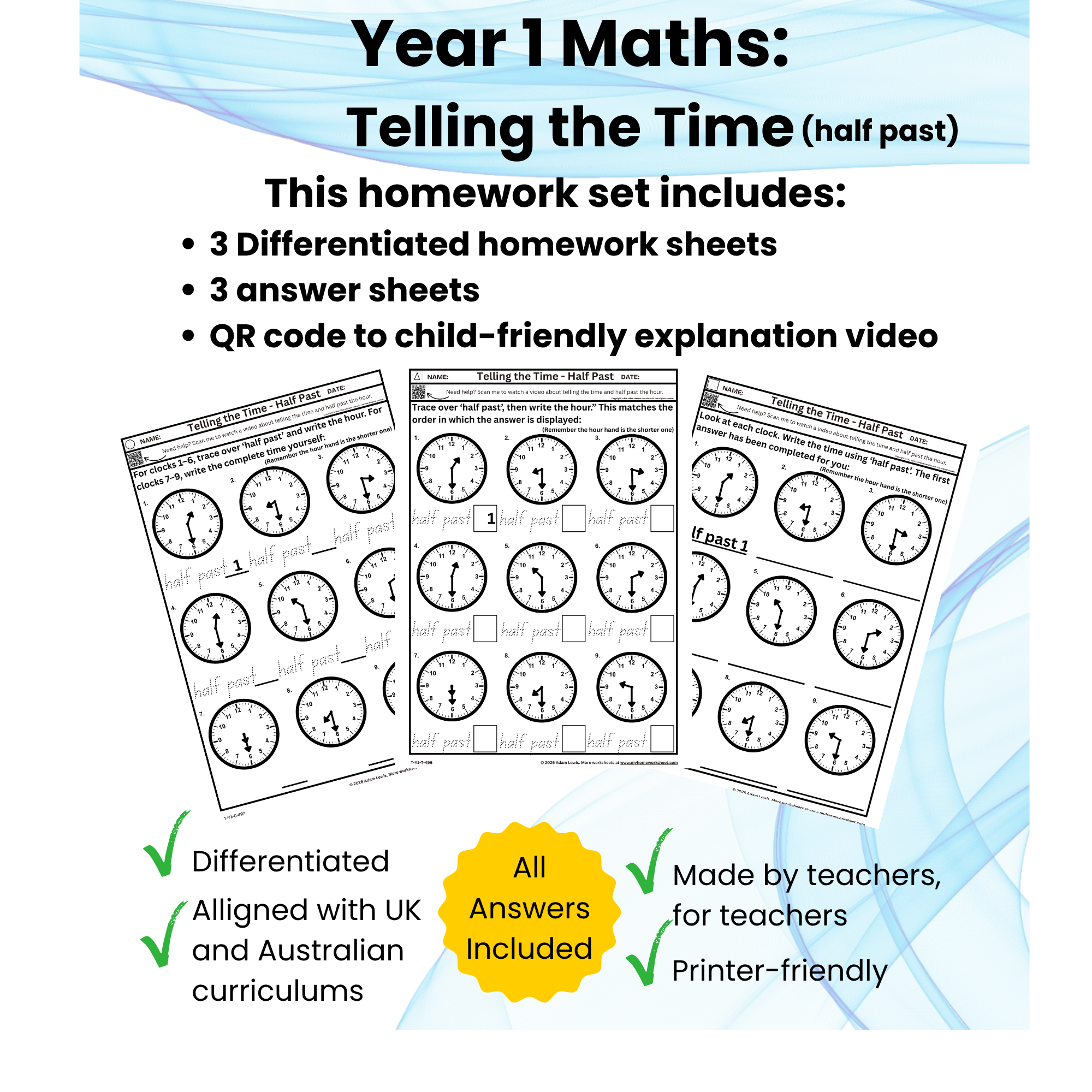 Year 1 Telling the Time – Half Past (496-498)
