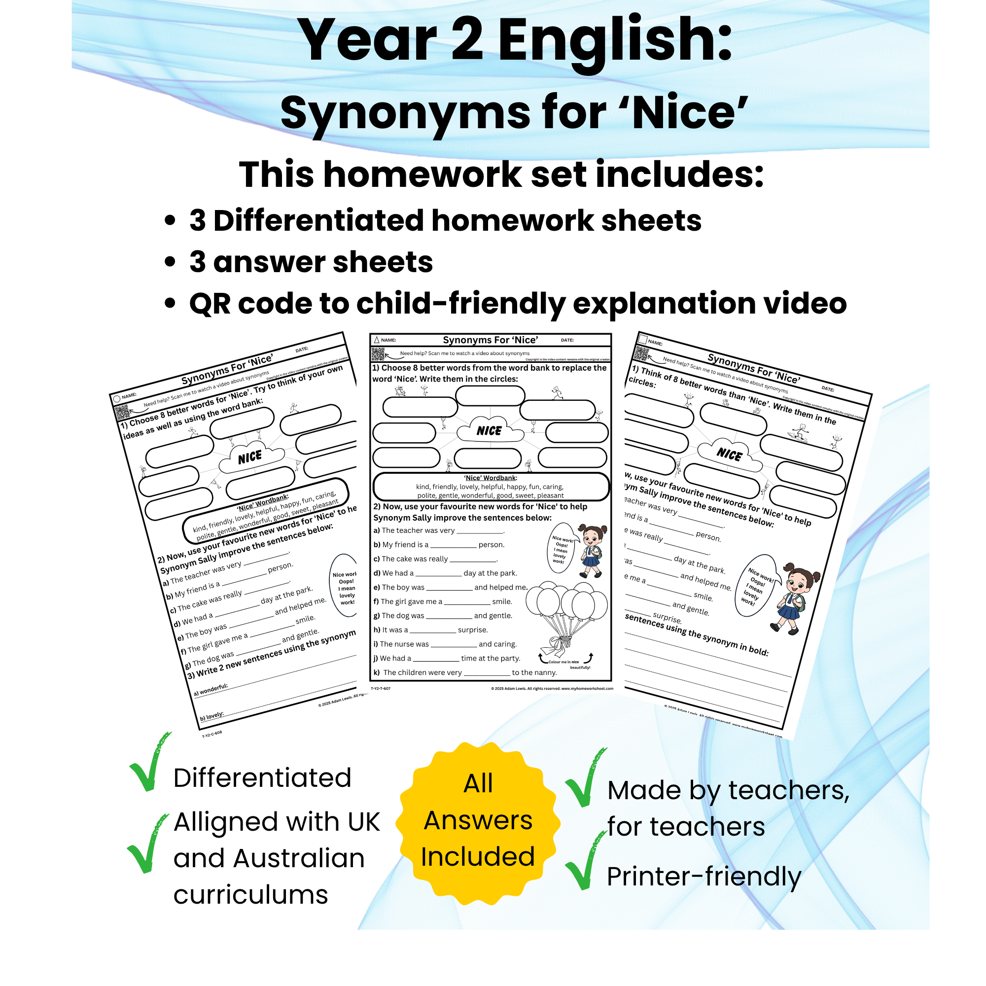 Year 2 Synonyms for ‘Nice’ Worksheets (607-609)
