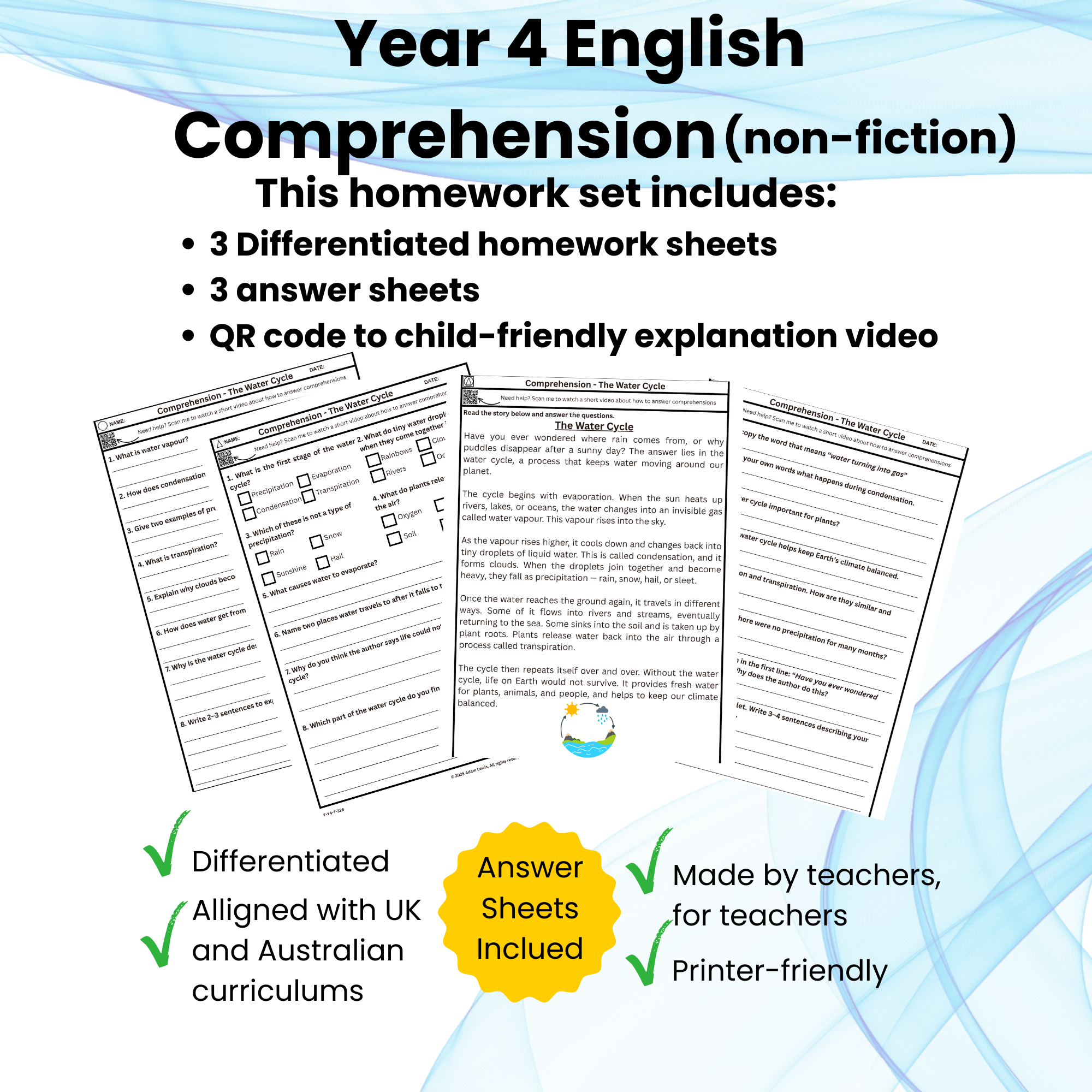 Year 4 Non-Fiction Comprehension – The Water Cycle (Differentiated with Answers) Homework set 328-330