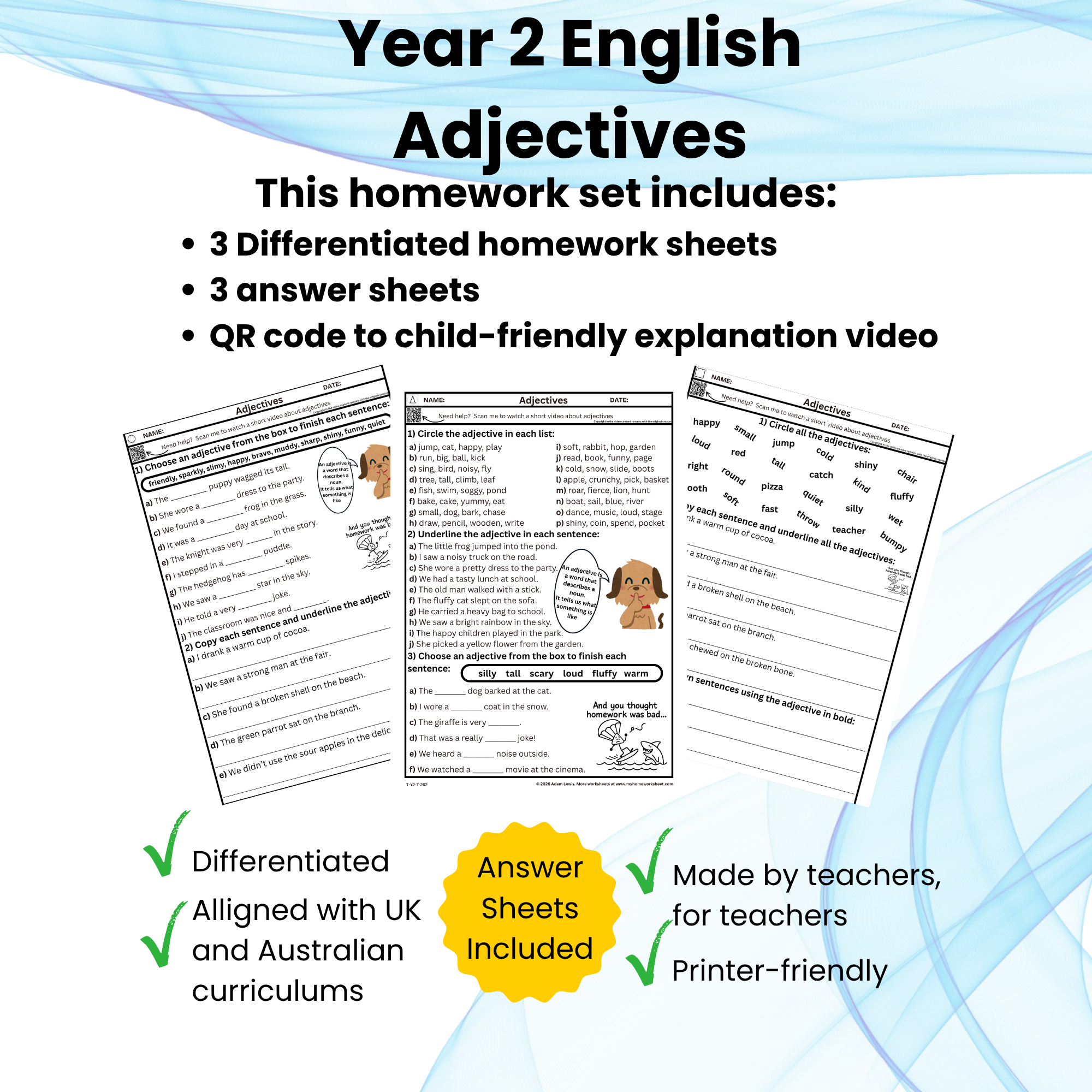 Year 2 Adjectives Worksheet Set (262-264)