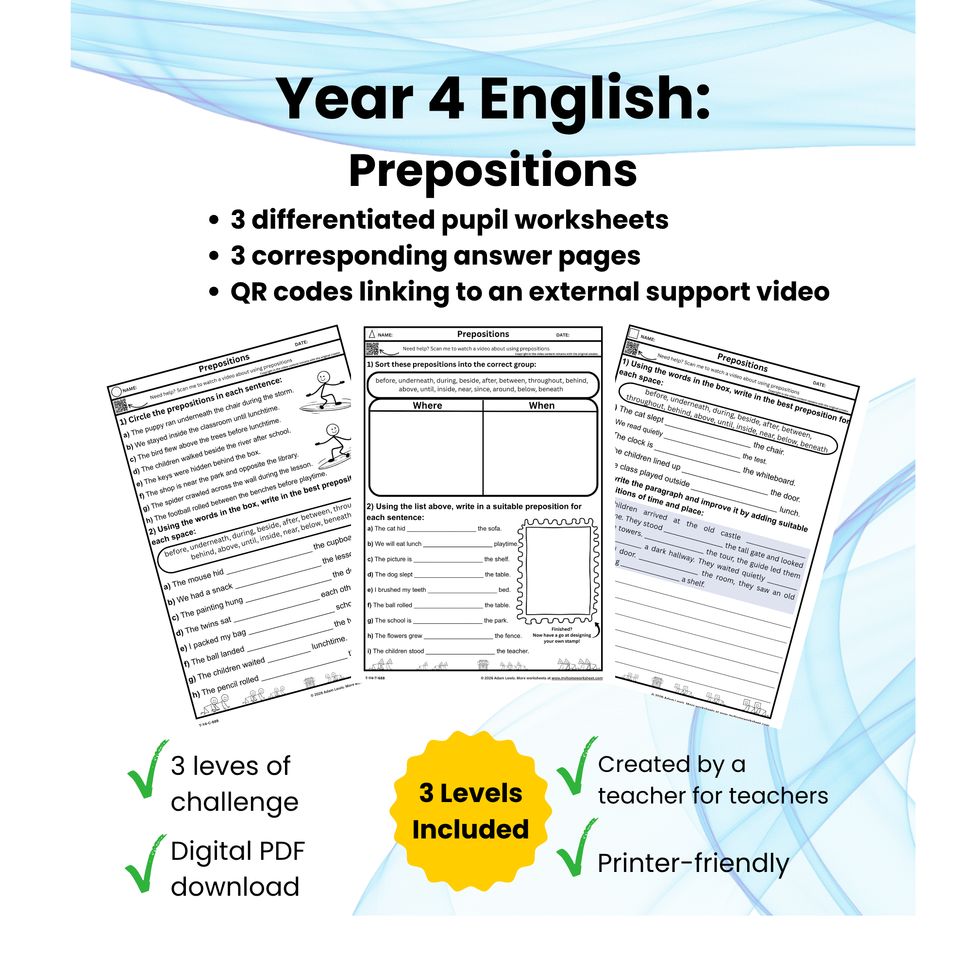 Year 4 Prepositions Worksheets (688-690)