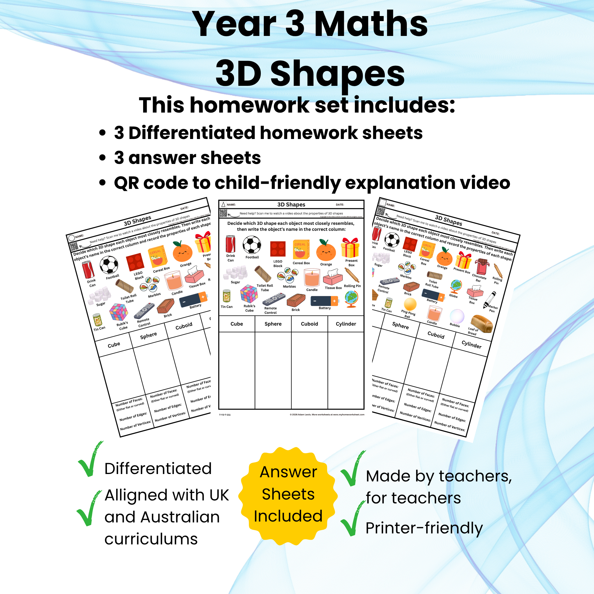 Year 3 3D Shapes Worksheets with Answers (211=213)