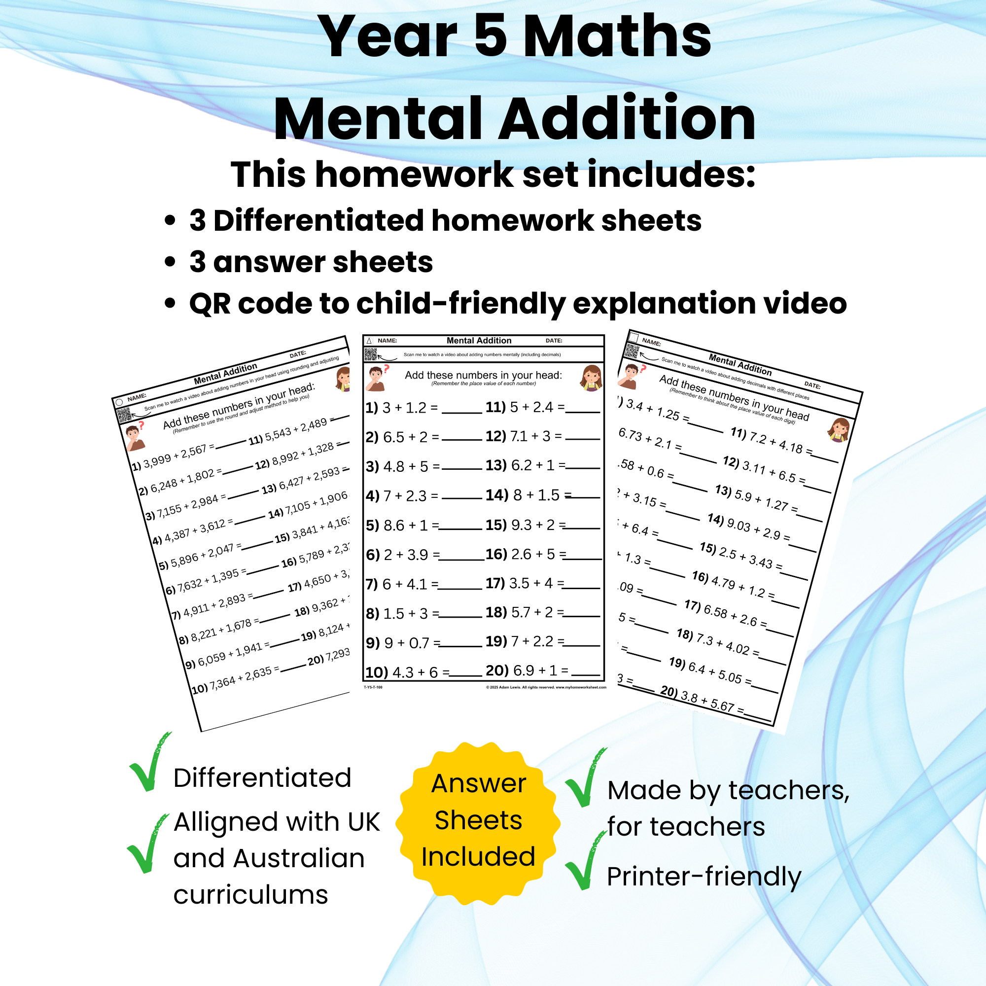 Year 5 Mental Addition Worksheet Set (3 pages + 3 answer sheets) Homework Sheets 100-102