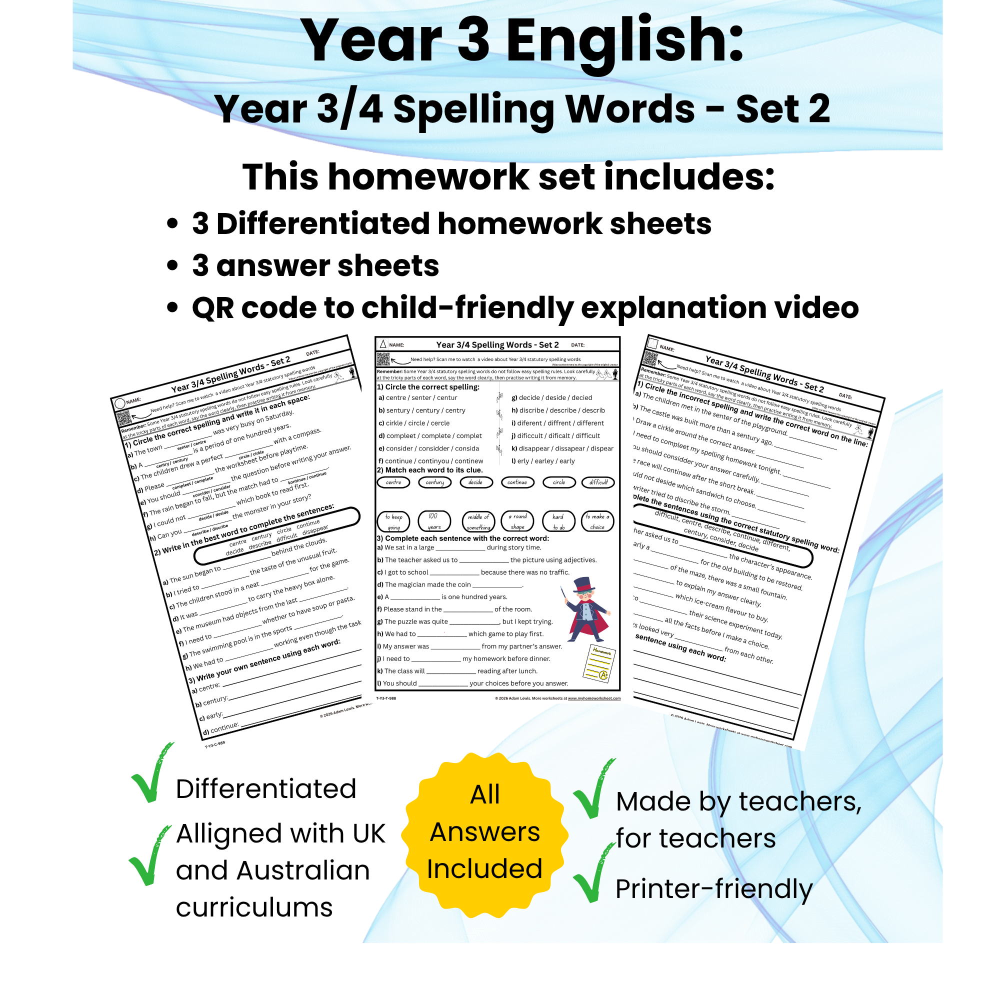 Year 3 Spelling Worksheets - Year 3/4 Statutory Spelling Words Set 1 (991-993)