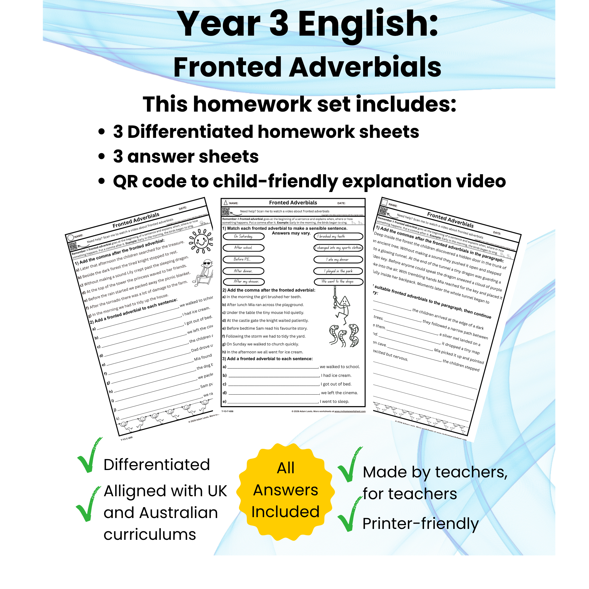 Year 3 Fronted Adverbials Worksheets (658-660)