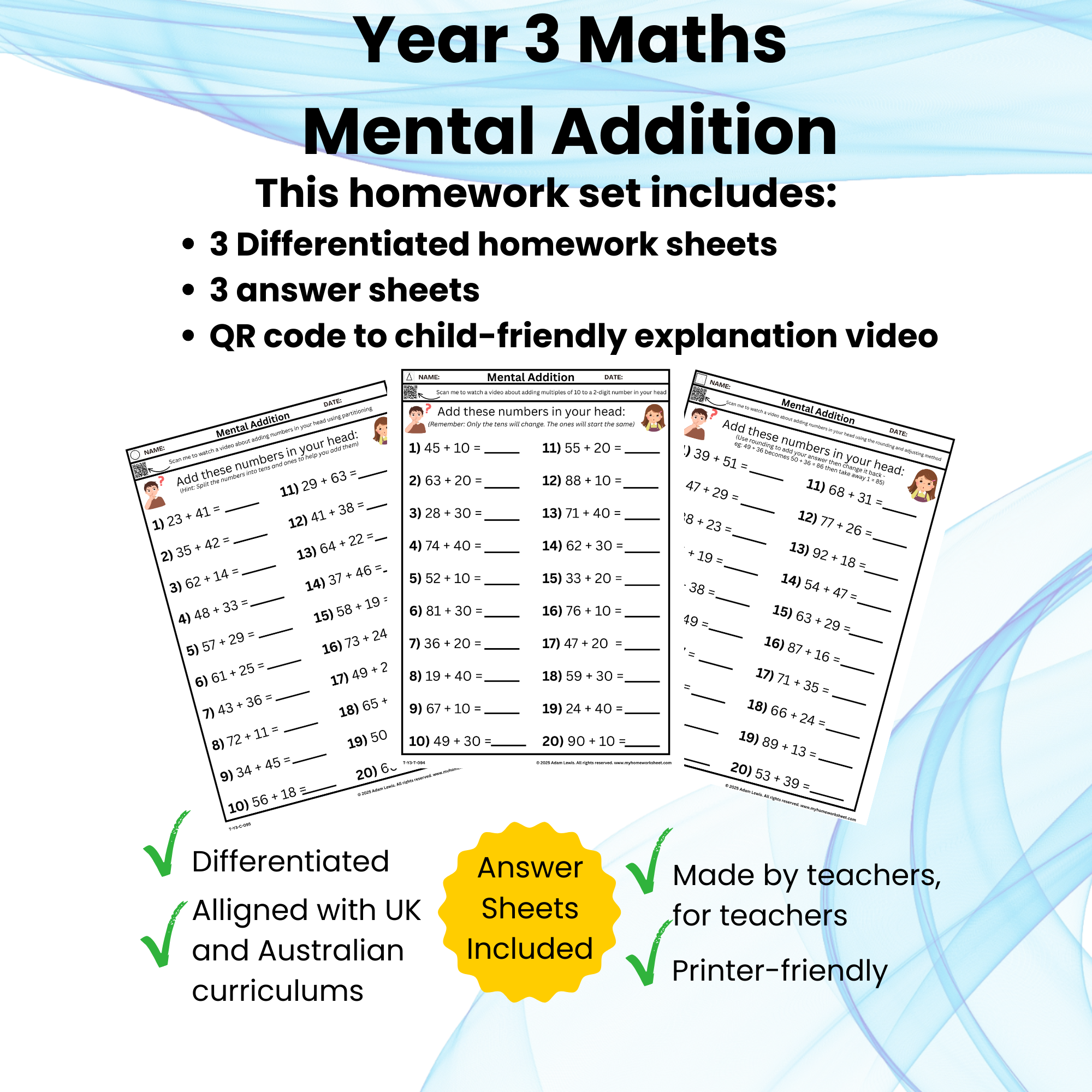 Year 3 Mental Addition Worksheet Set 094-096