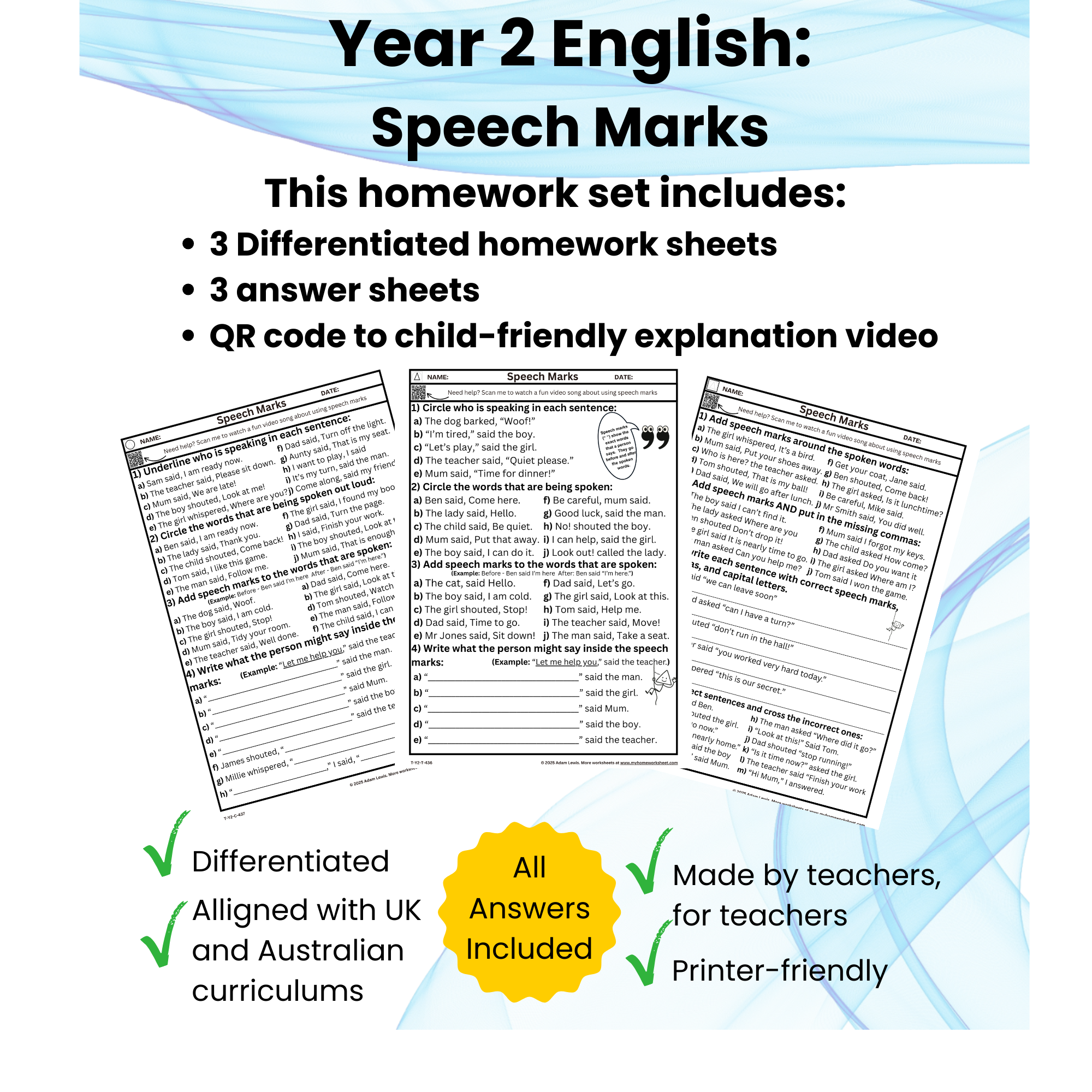 Year 2 Speech Marks Differentiated Worksheet Pack (Triangles, Circles, Squares) 436-438