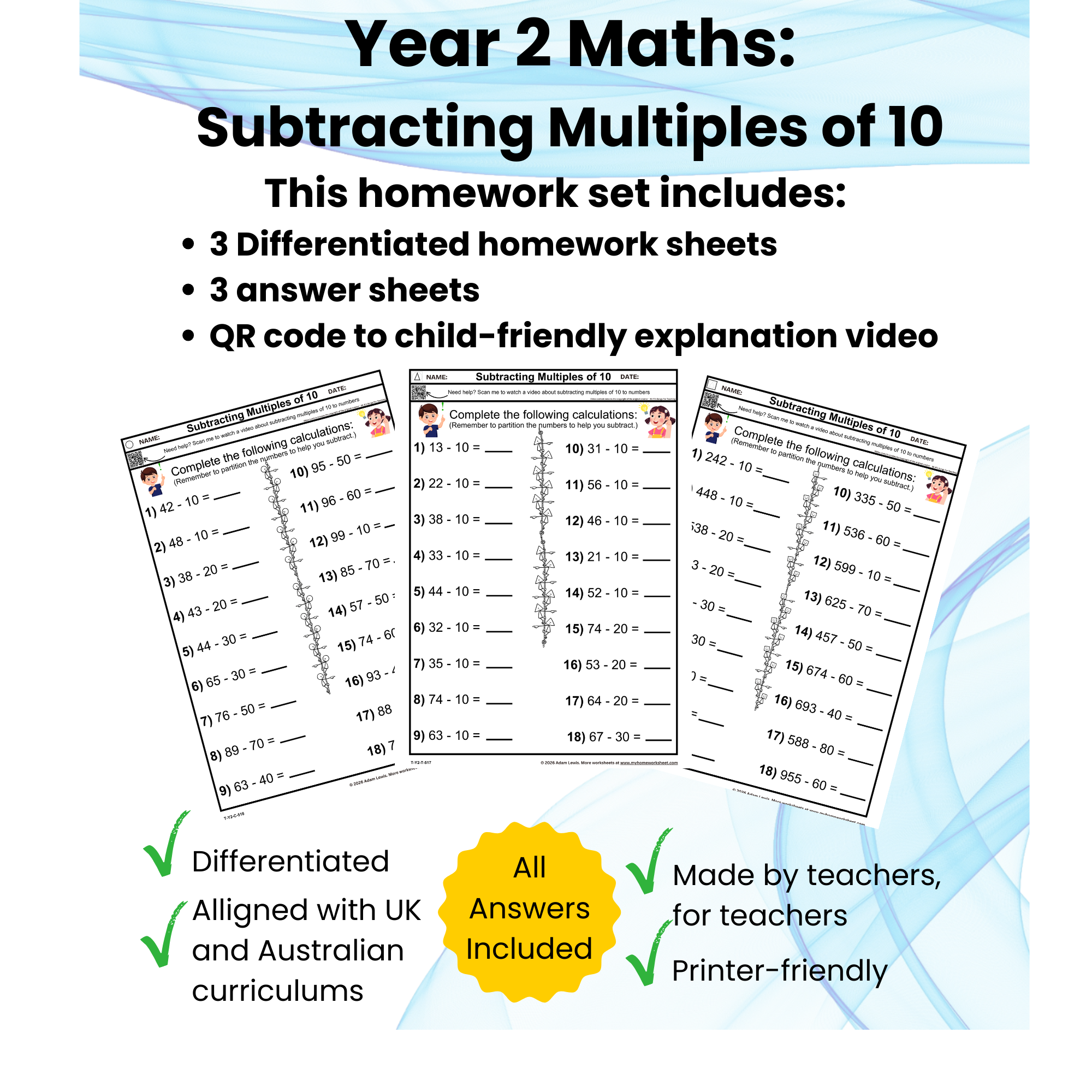 Year 2 Subtracting Multiples of 10 Worksheets – Differentiated Maths Homework (3 Levels)