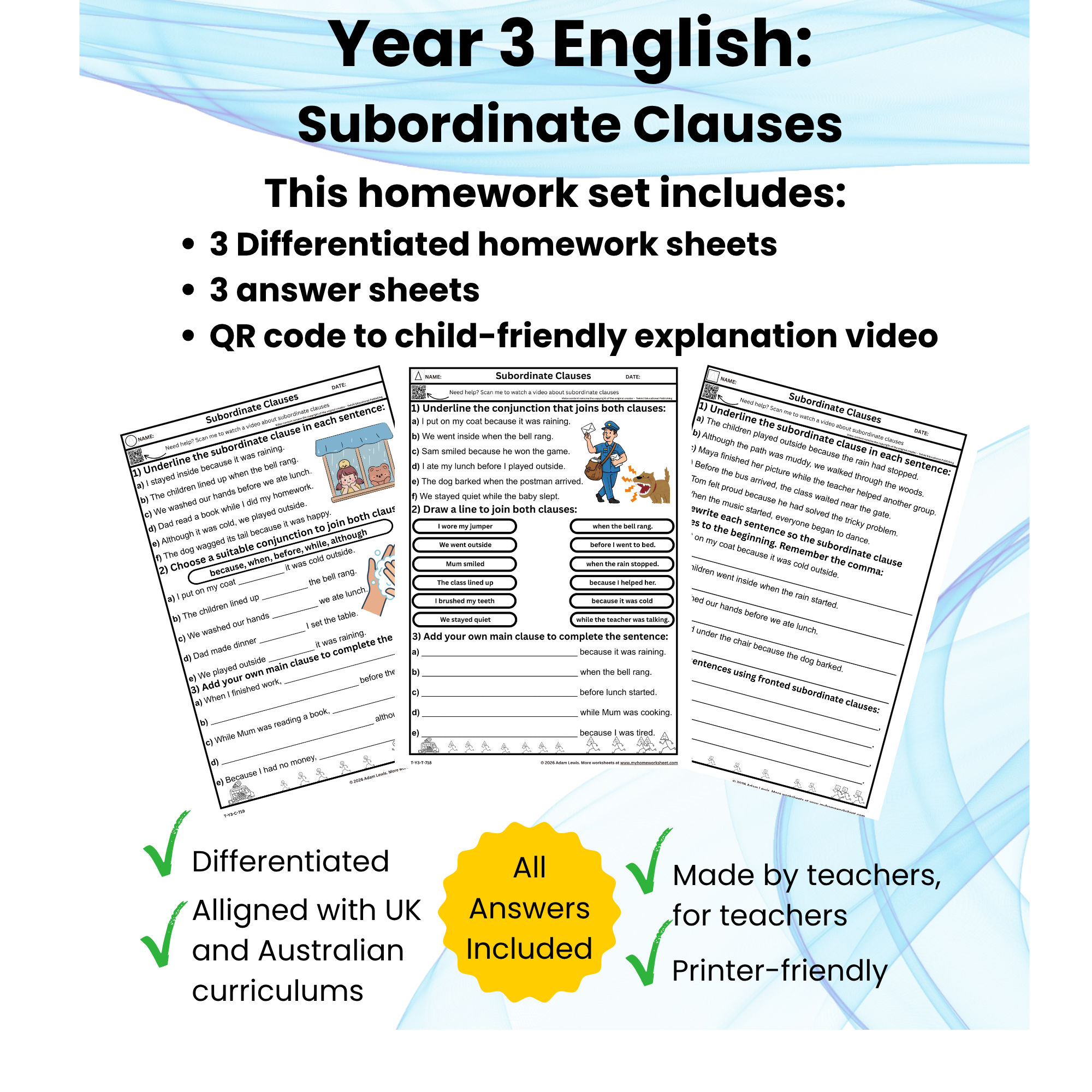 Year 3 Subordinate Clauses Worksheets (718-720)