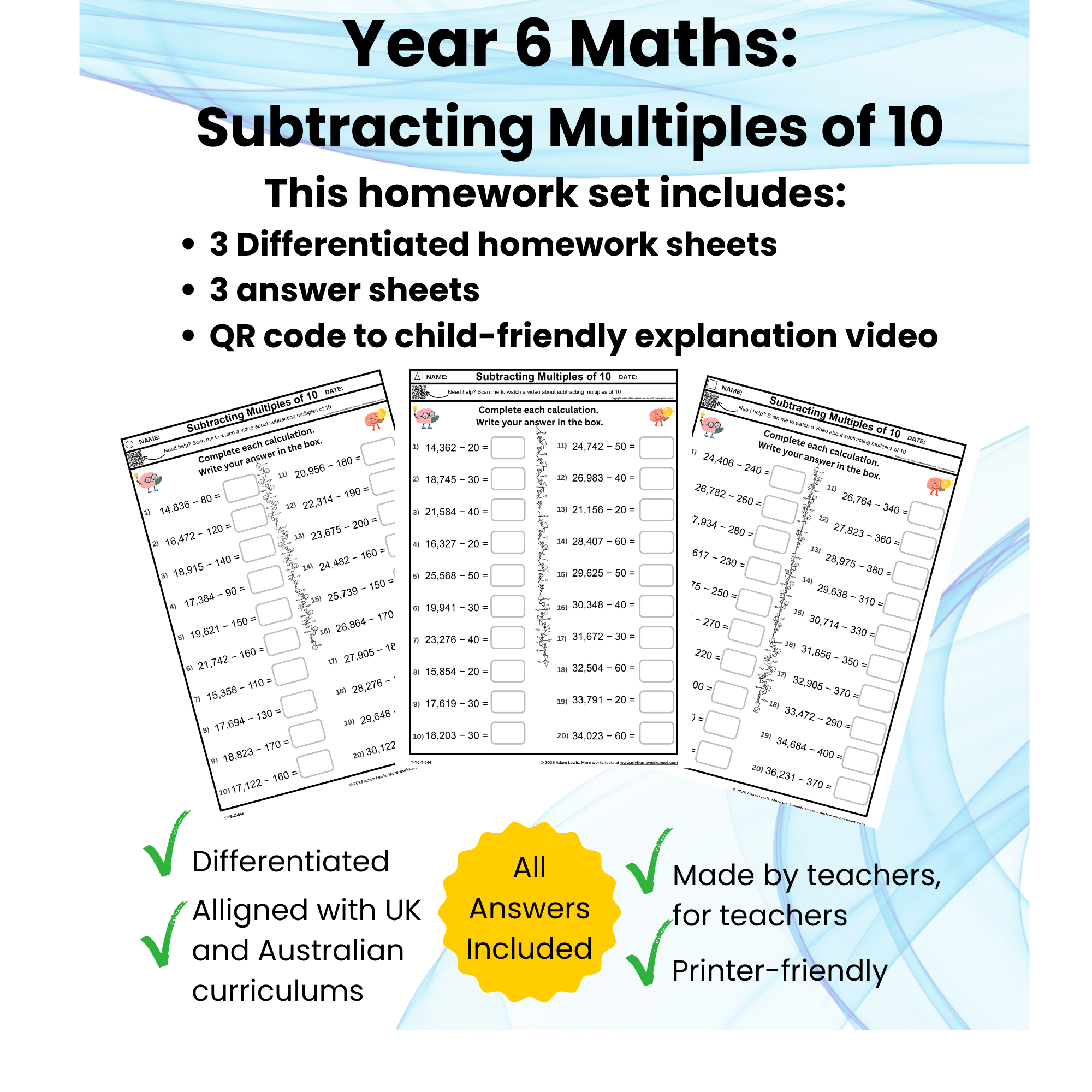 Year 6 Subtracting Multiples of 10 Worksheets (544-546)