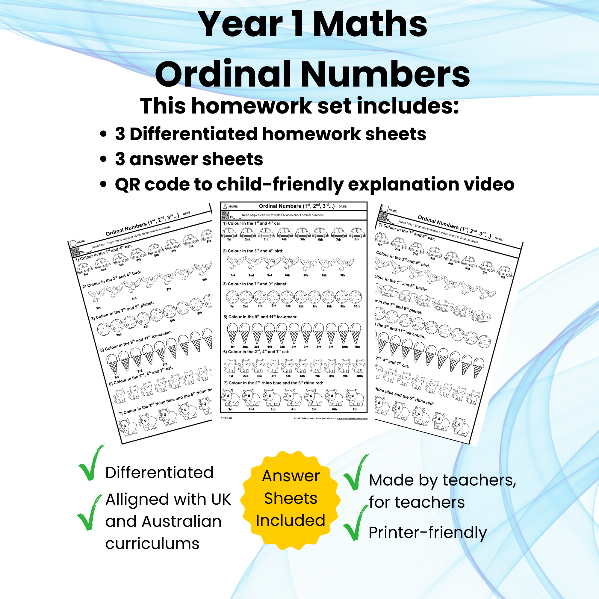 Ordinal Numbers Worksheet Set (6 pages = 3 worksheets + 3 answer sheets) Homework sheets 310-312