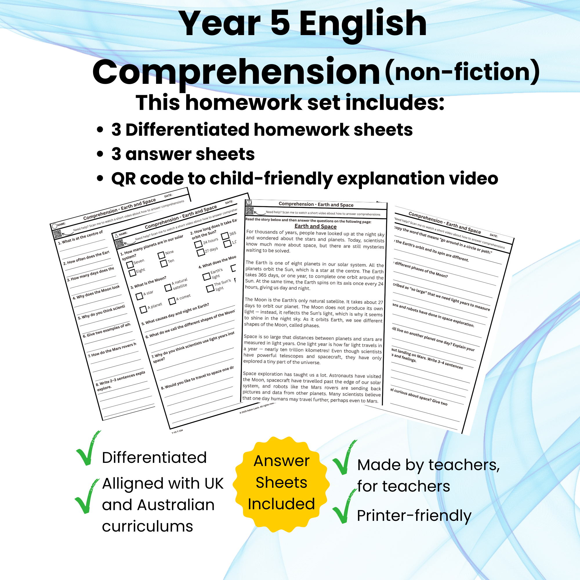 Year 5 Comprehension Worksheets – Non-Fiction Earth and Space (Differentiated Set) 334-336