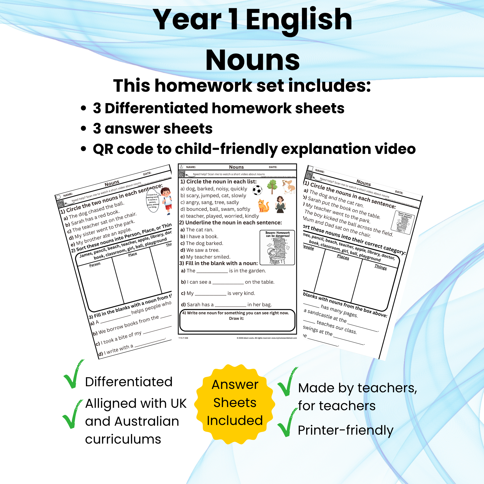 Year 1 Nouns Homework Worksheets (358-360)