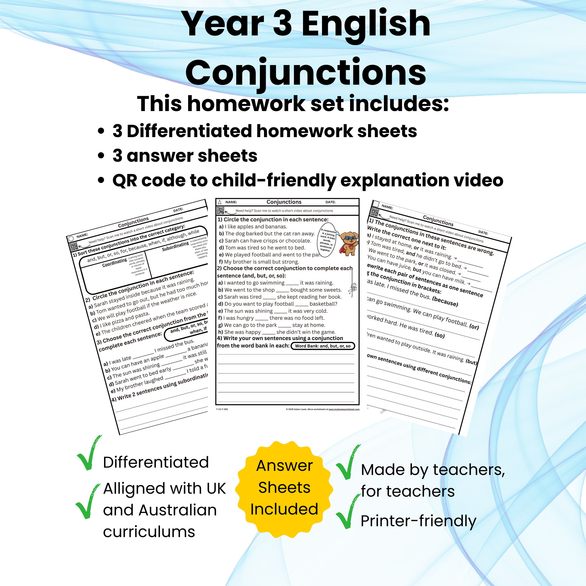 Year 3 Conjunctions Worksheets – Differentiated Grammar Homework with Answers - Set 355-357