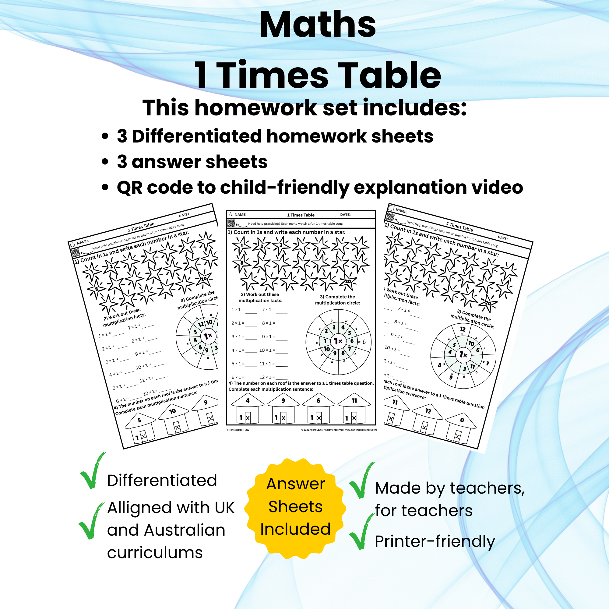 1 Times Table Worksheet Set (223-225)