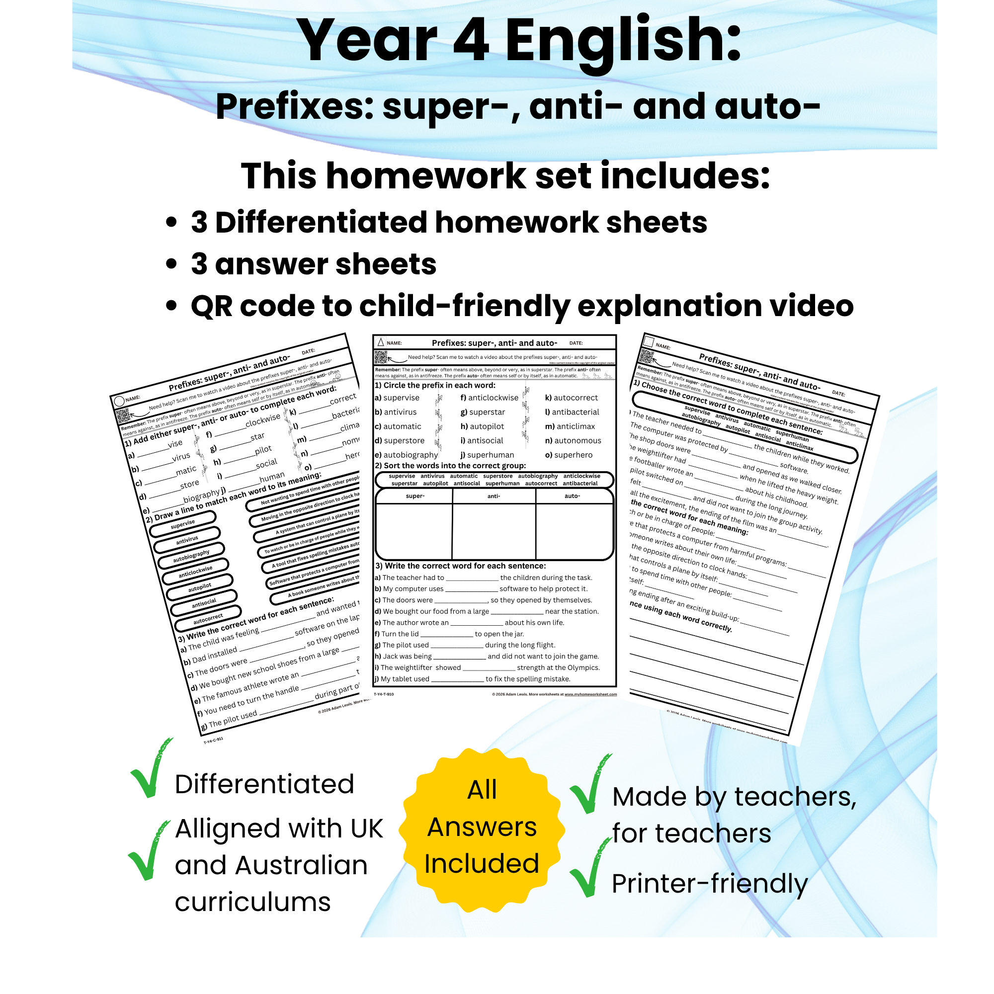 Year 4 Prefixes: super-, anti- and auto- Worksheet Set (910-912)