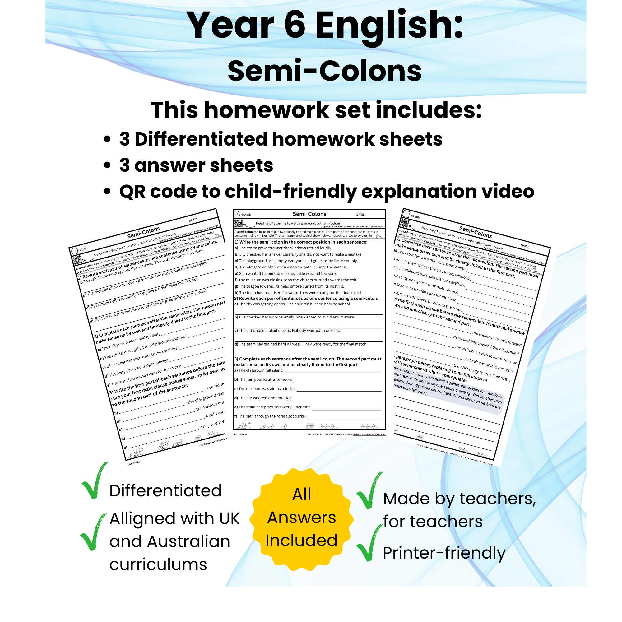 Year 6 Semi-Colons Worksheet (808-810)