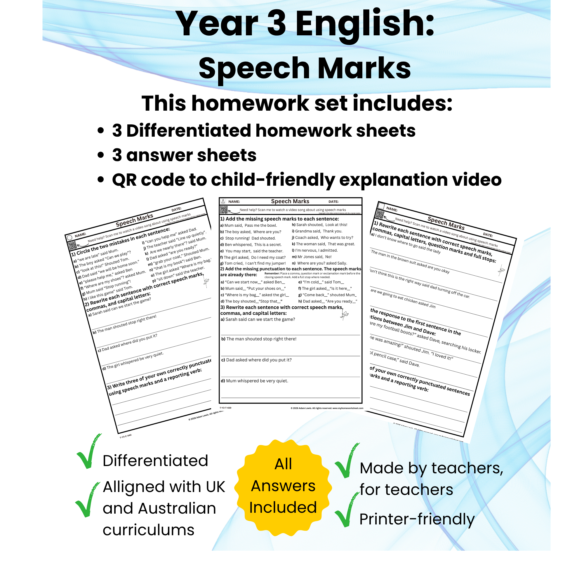 Year 3 Speech Marks Worksheets (439-441)