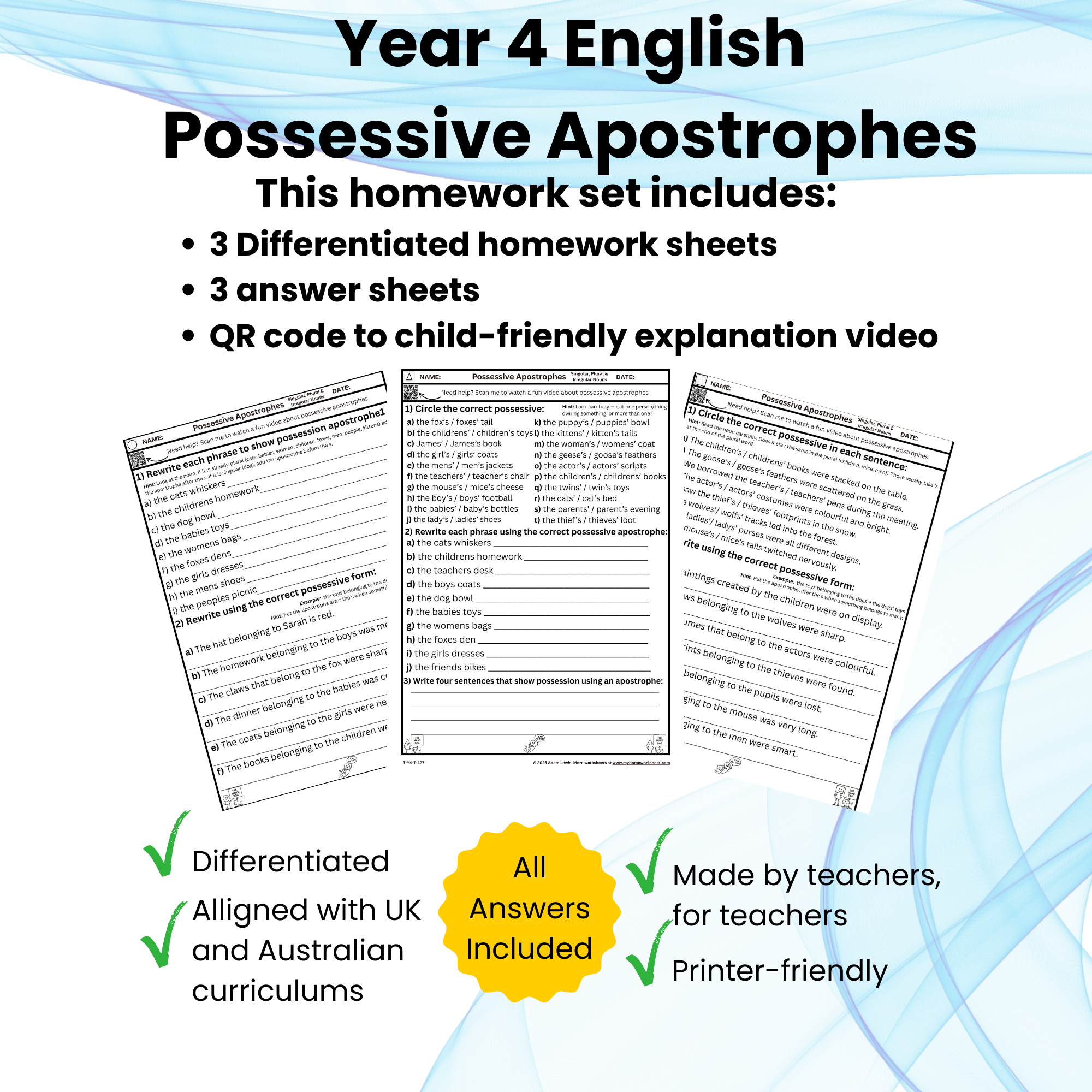 Year 4 Possessive Apostrophes Worksheets – Singular, Plural & Irregular Nouns (Differentiated Trio: Triangles, Circles, Squares) 427-429