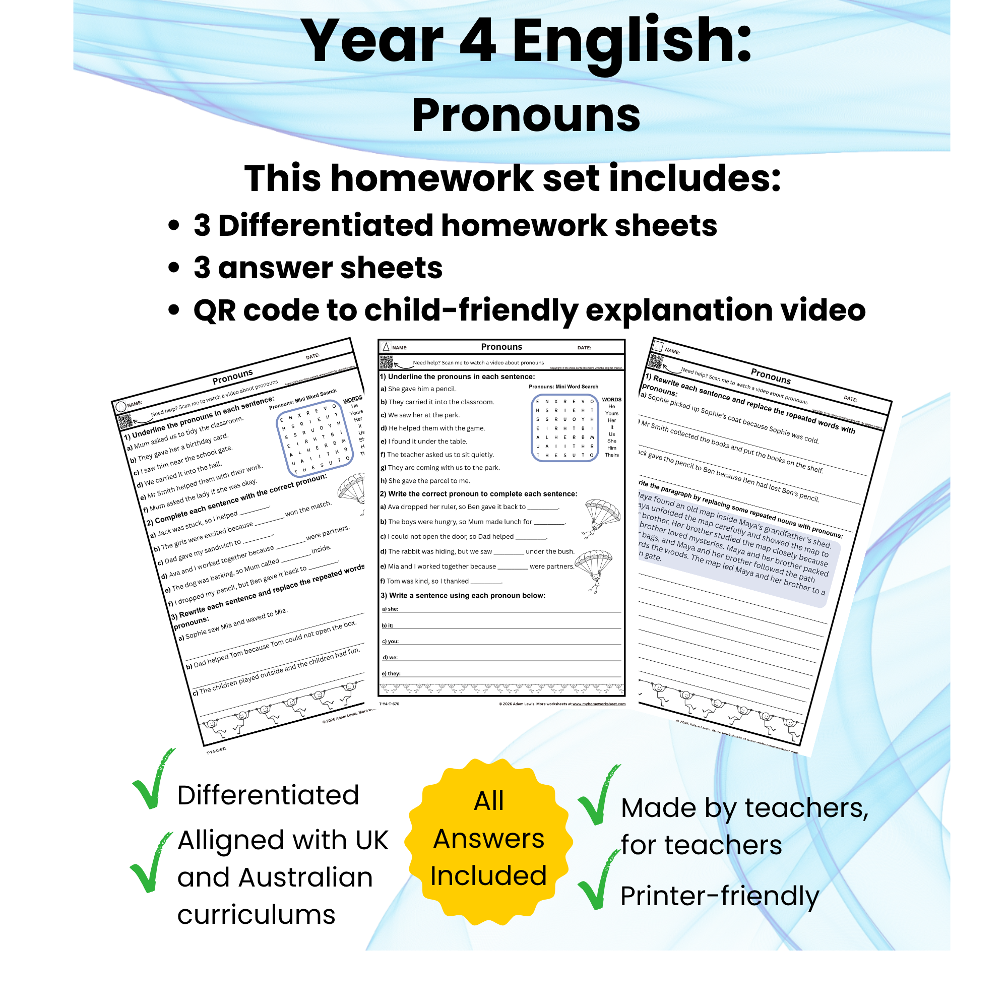Year 4 Pronouns Homework Sheet Set (670-672)