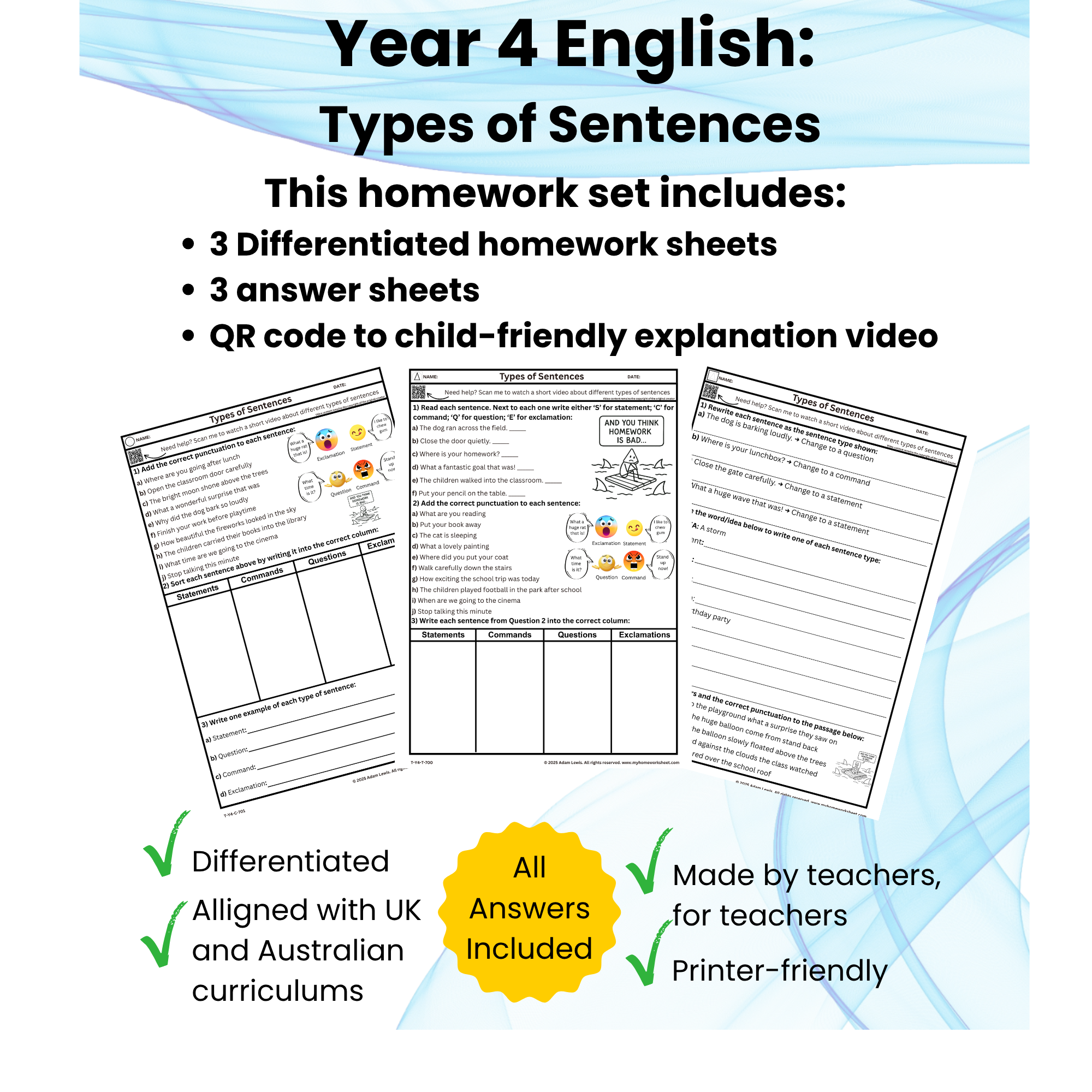 Year 4 Types of Sentences Worksheets (700-702)