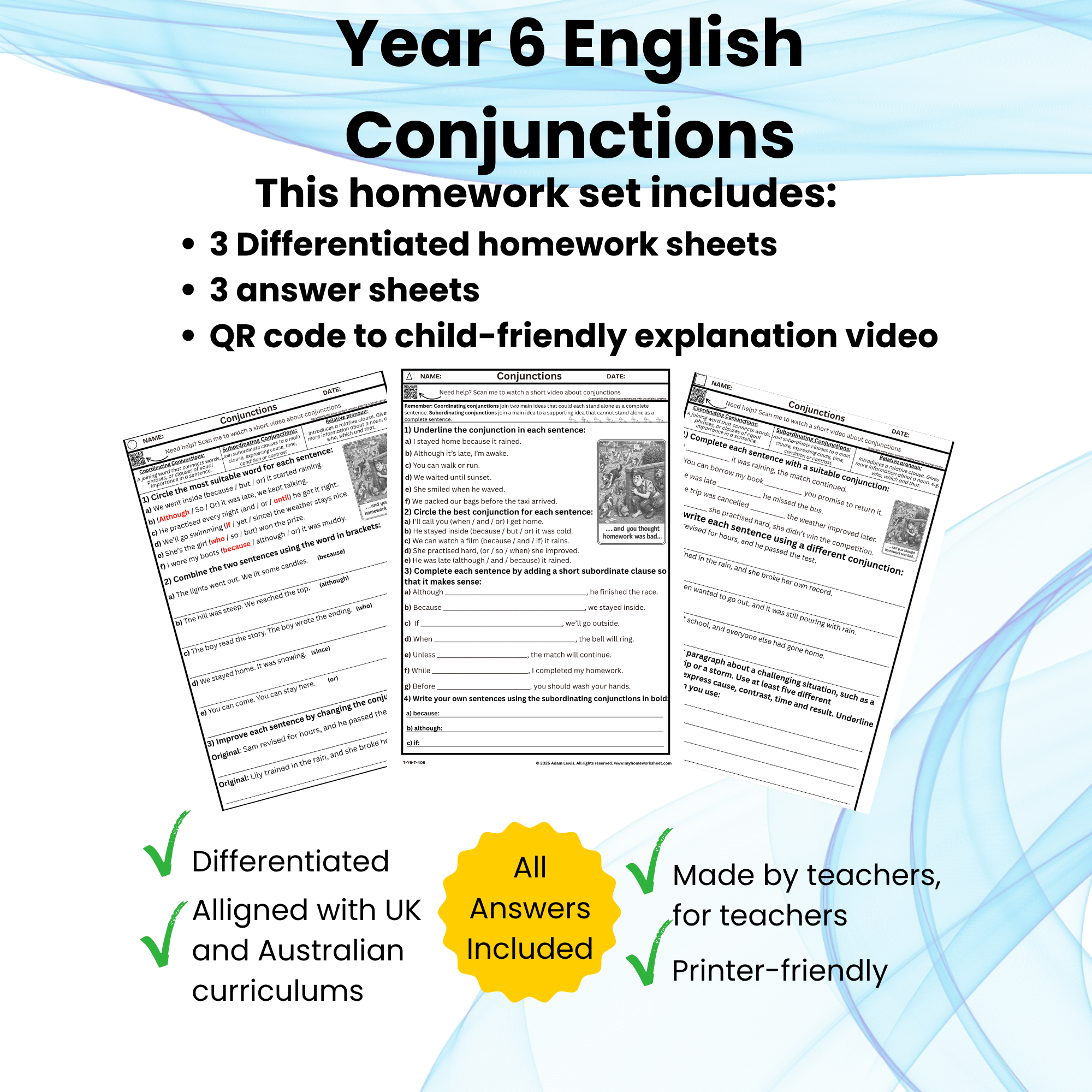 Year 6 Conjunctions Worksheets (409-411)