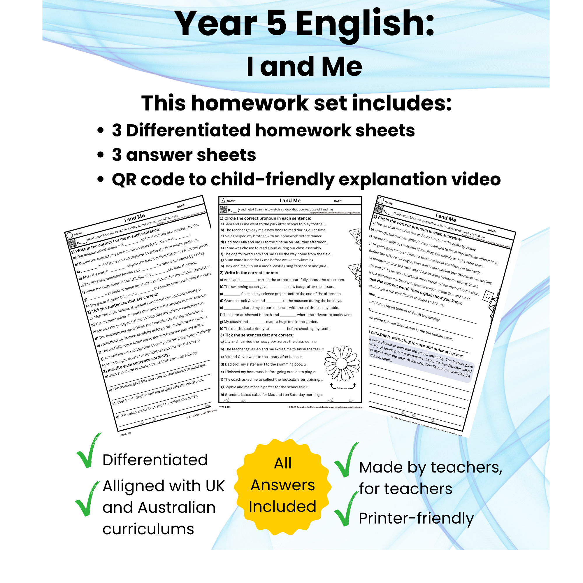 Year 5 English - I and Me Worksheets (781-783)