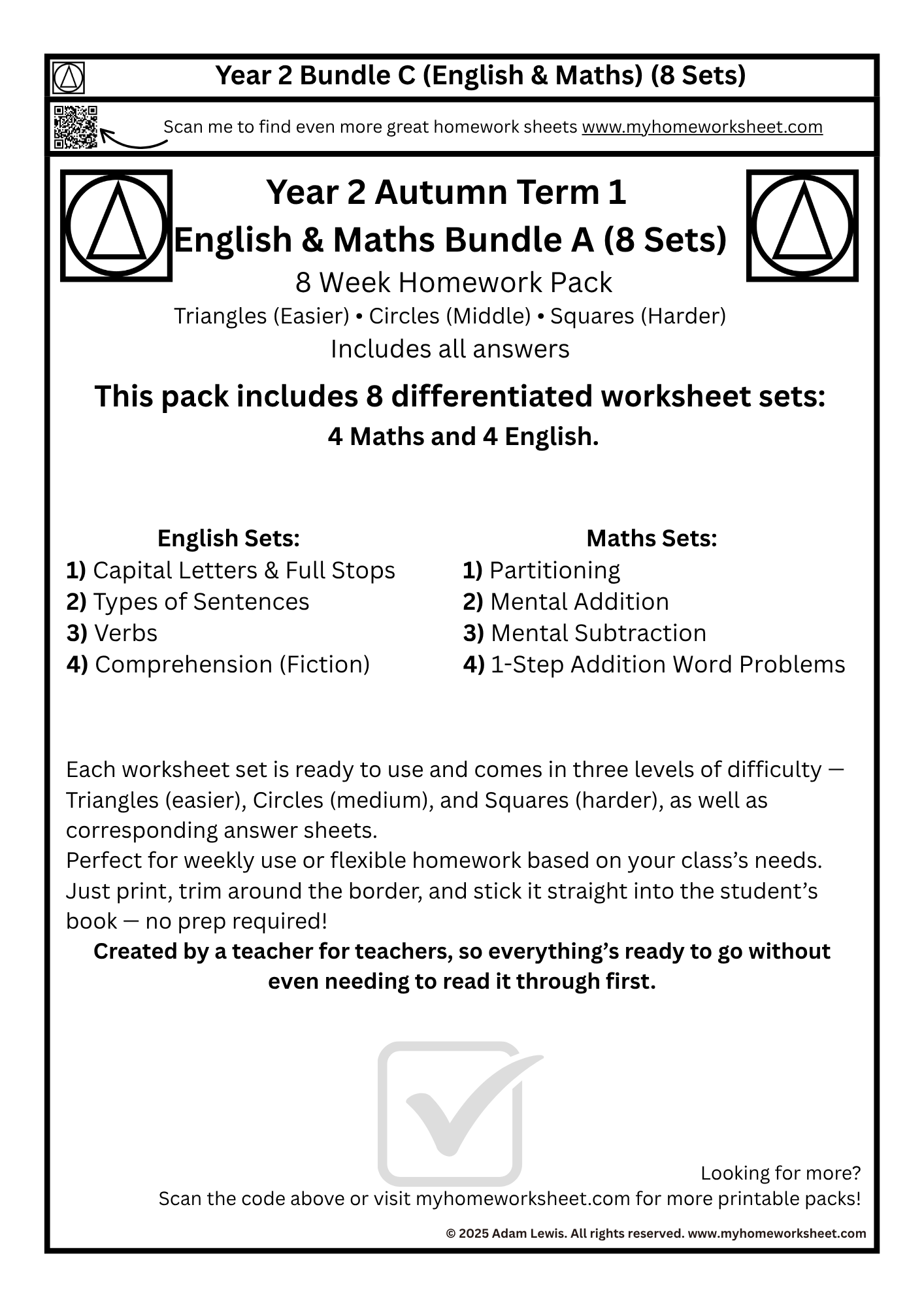 Year 2 Autumn Term 1 English and Maths Bundle A – 8 Sets of Worksheets ...