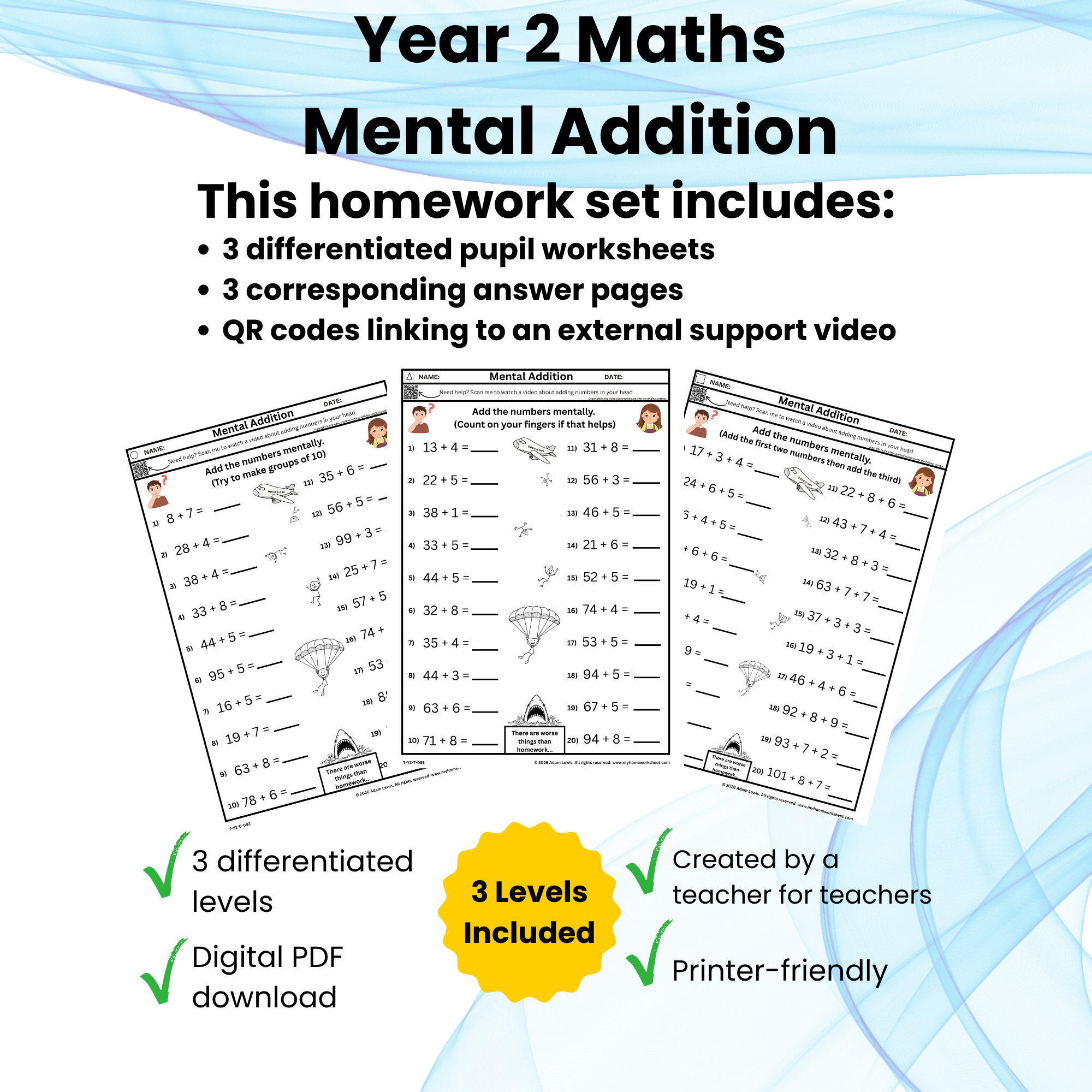 Year 2 Mental Addition Worksheet Set (091-093)