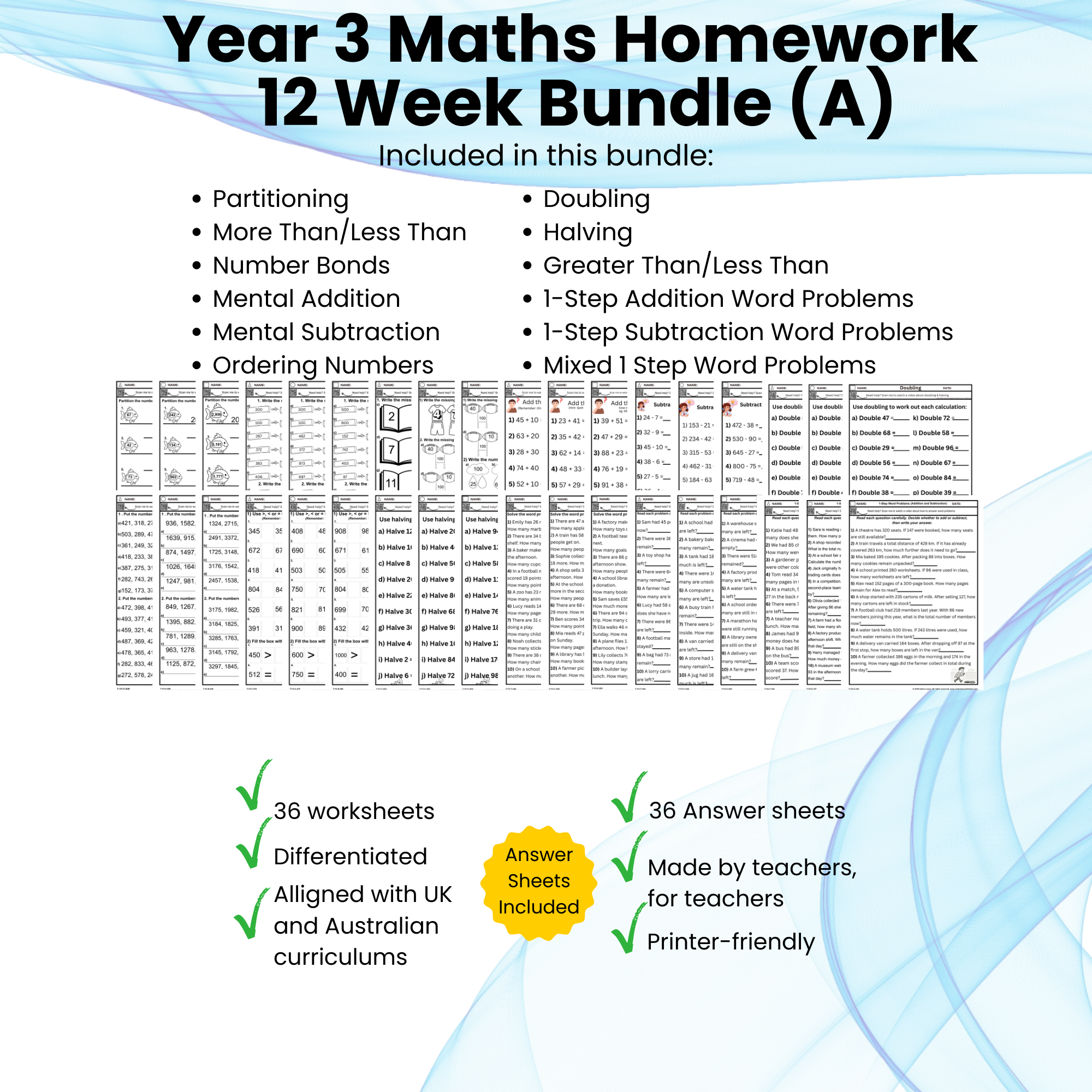 Year 3 Maths Homework – 12 Week Bundle (A)