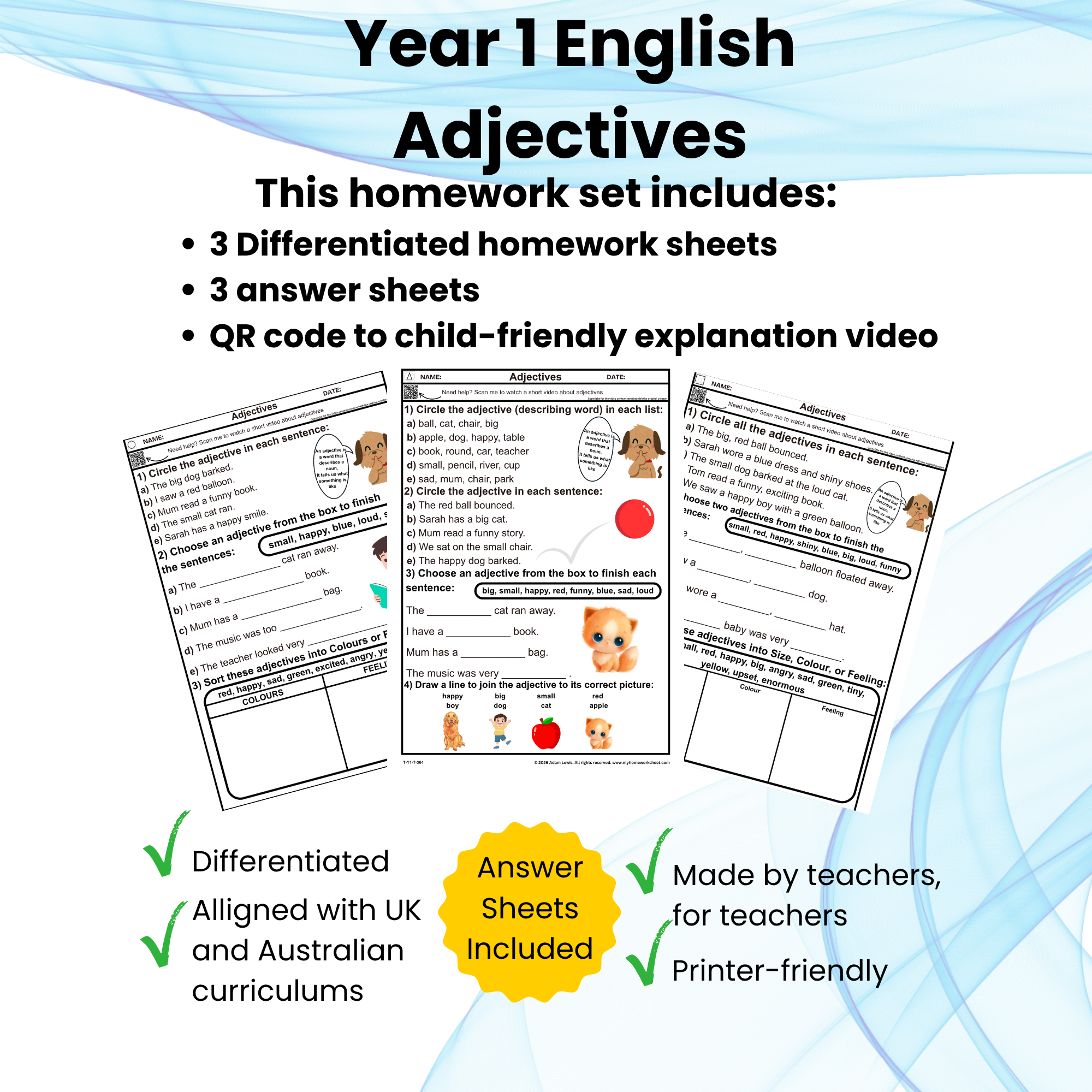 Year 1 Adjectives Worksheets (364-366)