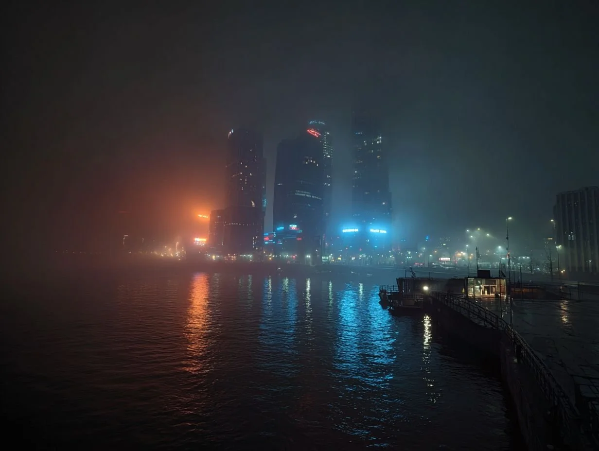 An AI image of a Blade Runner neo-noir establishing shot of London docklands