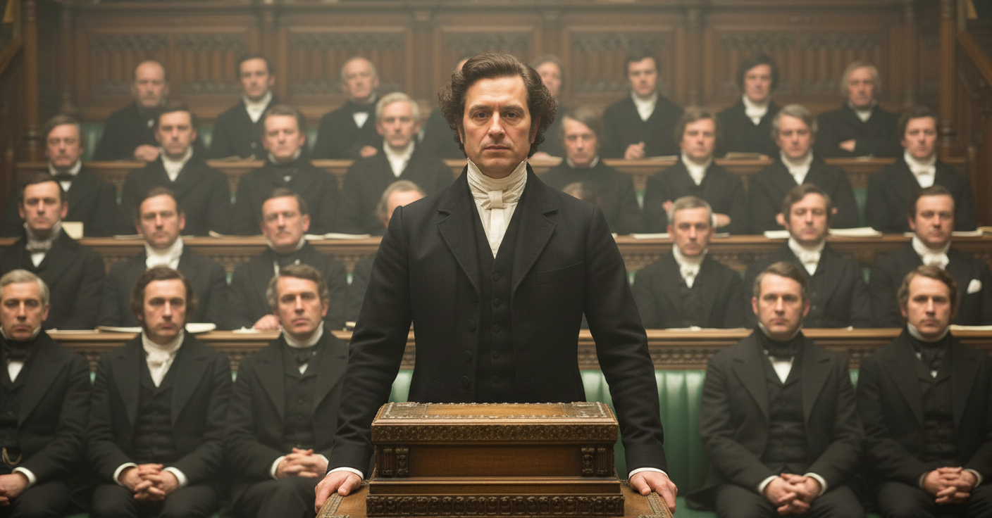 A historical rectraion using AI character design depicting the 14th Earl of Derby as Prime Minister