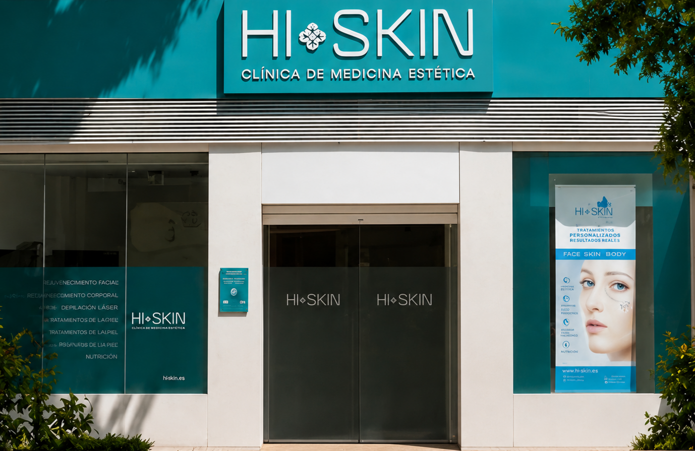 Fachada de una clínica estética llamada Hi Skin con cartel promocional en la ventana derecha