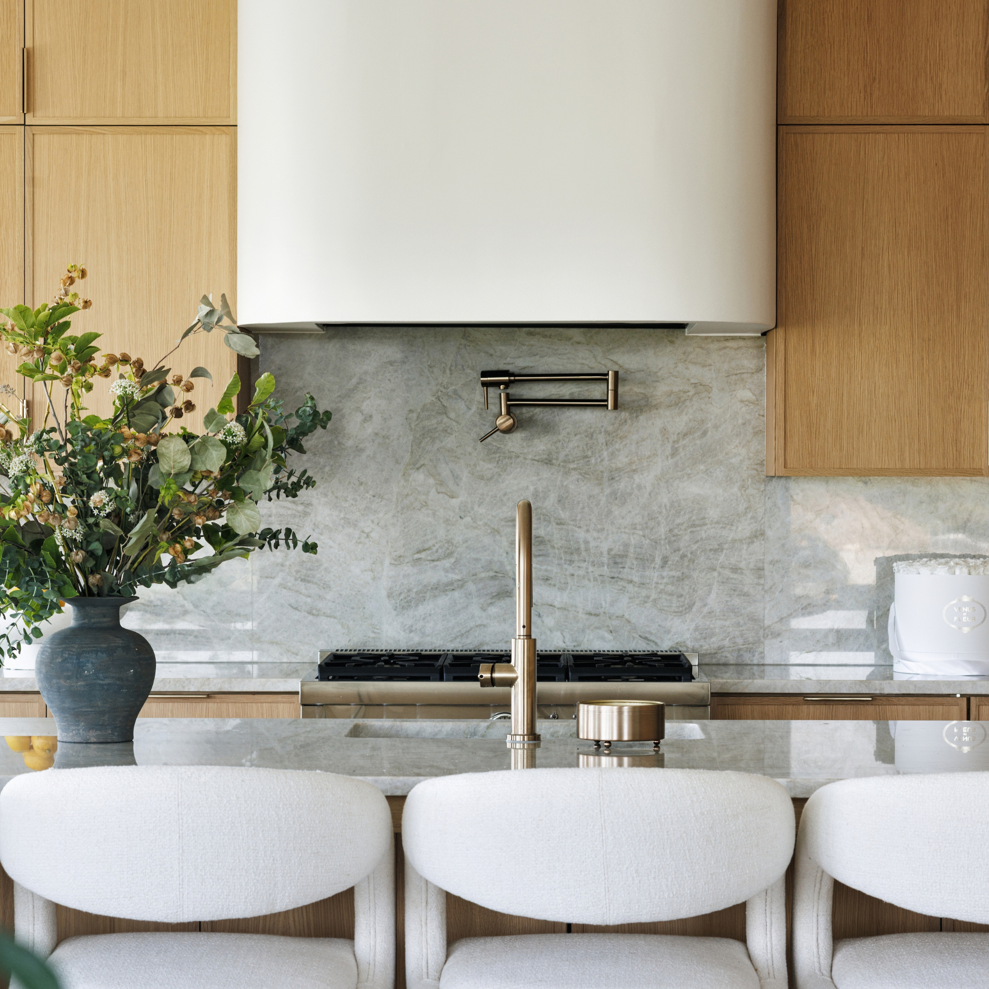 close up kitchen details of oak and ivory project