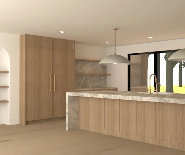 The final kitchen renderings are in for our #HillsideHideawayByGHD project, and we couldn&rsquo;t be more excited to bring this space to life. Featuring honed Taj Mahal stone on the waterfall island and backsplash, slim shaker white oak cabinetry, an