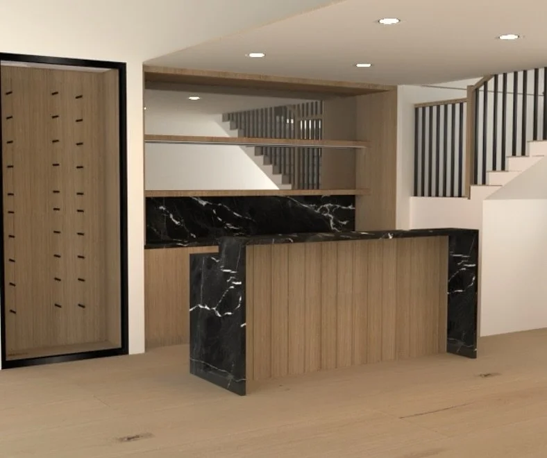 Even in rendering form, this bar is designed to make a statement. 🍸 Featuring a built-in antiqued mirror, Alexander black marble backsplash, and wood shelving with integrated LED lighting&mdash;paired with a panel-ready undercounter wine fridge and 