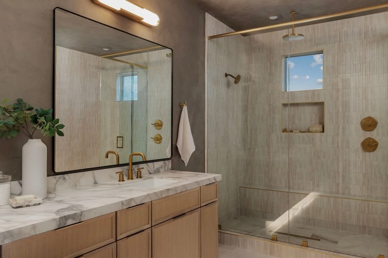 Primary bath moments at Maison Viola.

A fully enveloped Roman Clay finish creates a cocooned, tonal backdrop &mdash; rich in texture yet incredibly understated. The space feels intentional and immersive, with every surface contributing to the overal