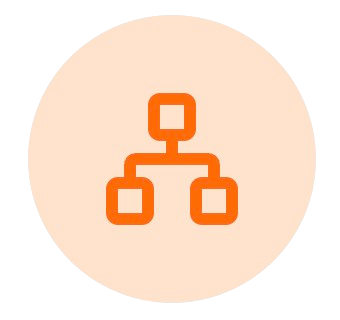 Orange hierarchical structure icon with three connected boxes on a light beige background.