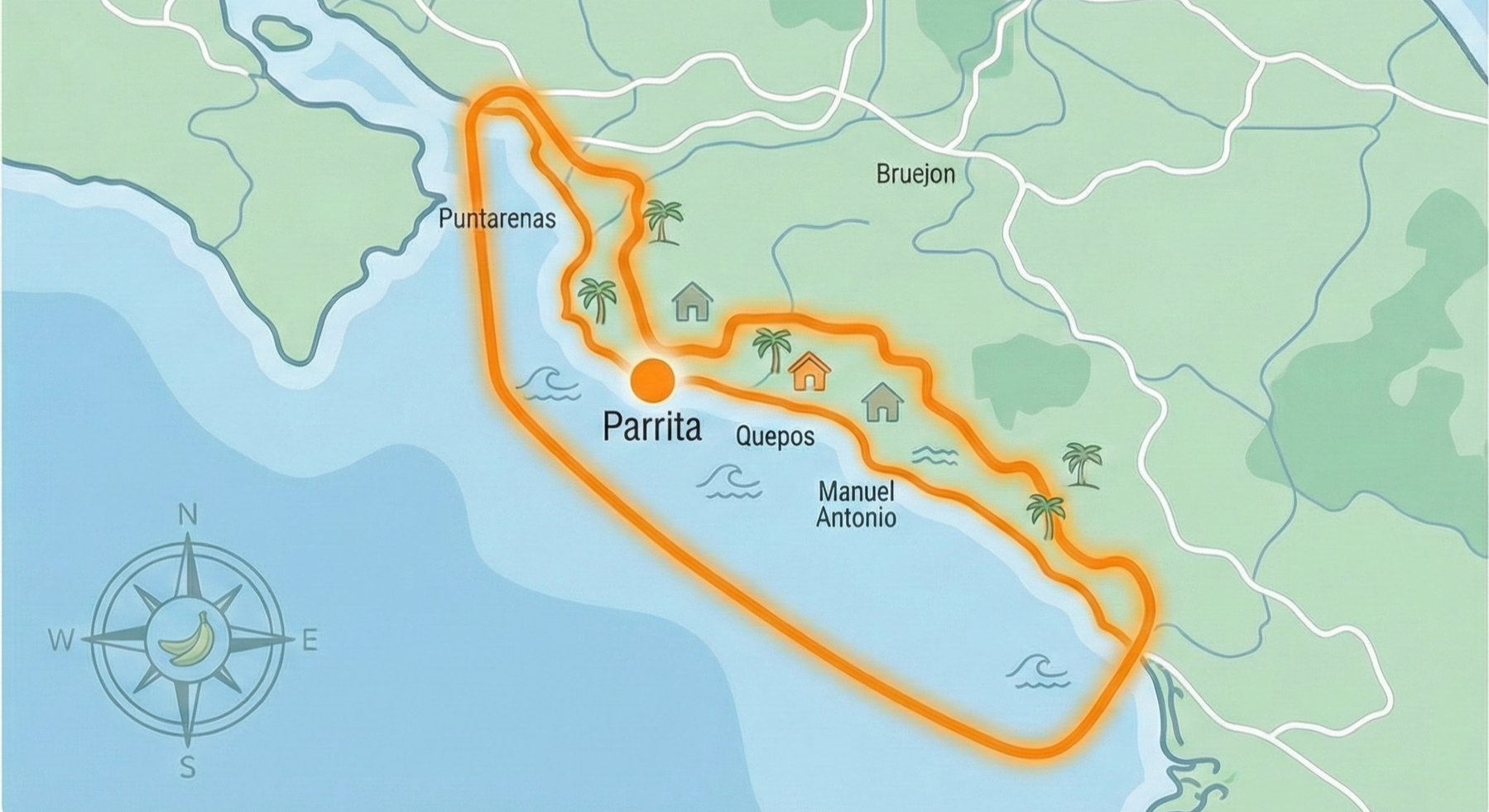 Map of a coastal area showing towns, roads, water, and an orange boundary line outlining a specific region. Key locations include Punta Renas, Parrita, Quepos, Manuel Antonio, and Bruejon, with icons of palm trees, houses, and water waves.