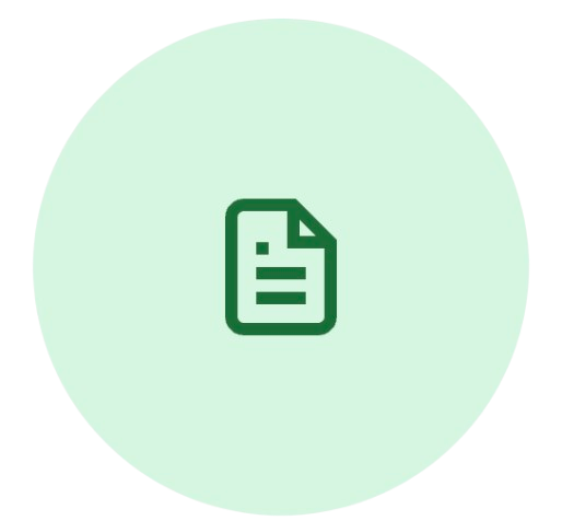 Icon of a document or file with lines of text, on a light green circular background.