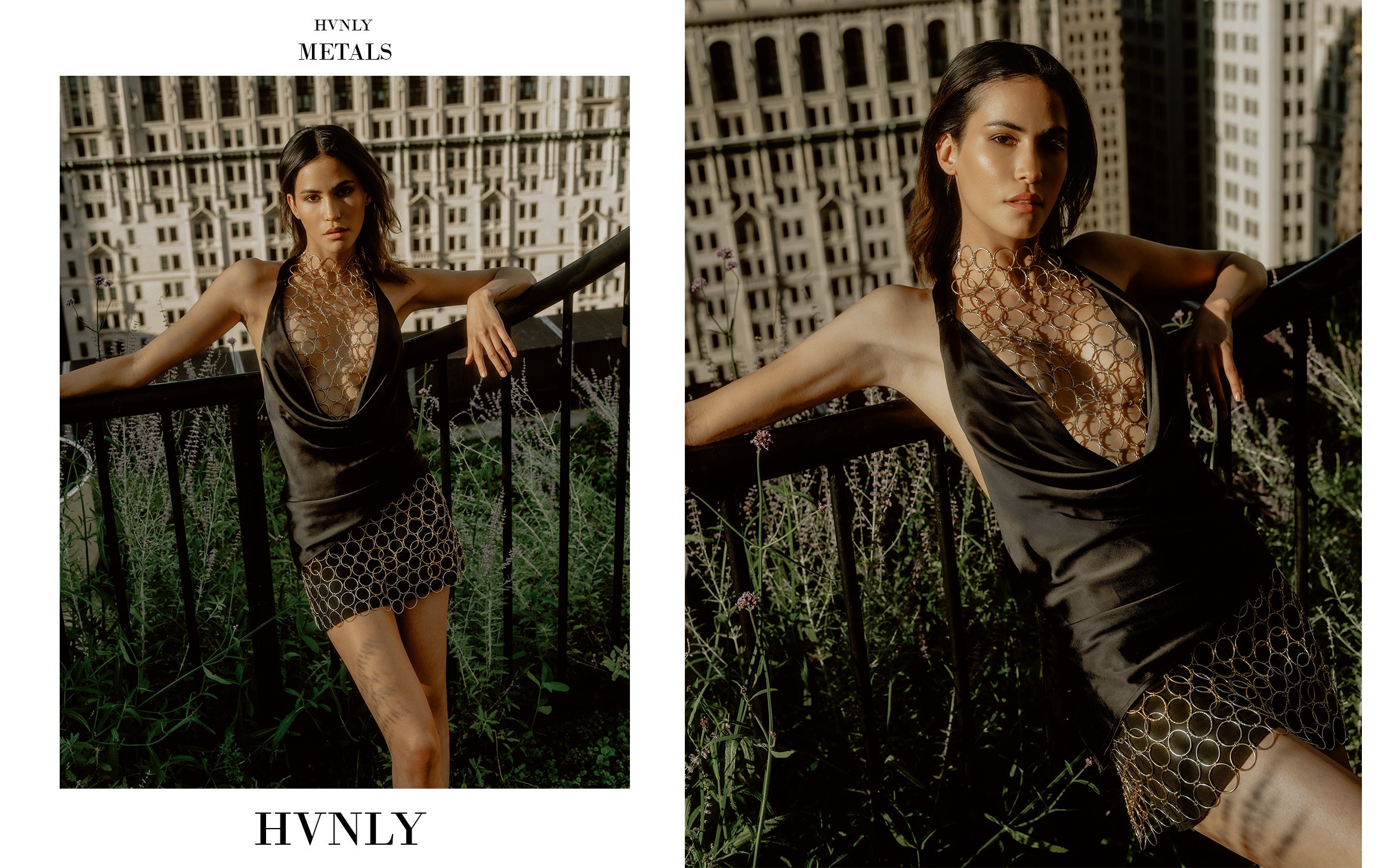 HVNLY® is a fashion jewelry brand creating statement fashion jewelry and body jewelry. Female wearing HVNLY fashion jewelry made from interlocking gold and silver rings forming chainmail-inspired body jewelry.