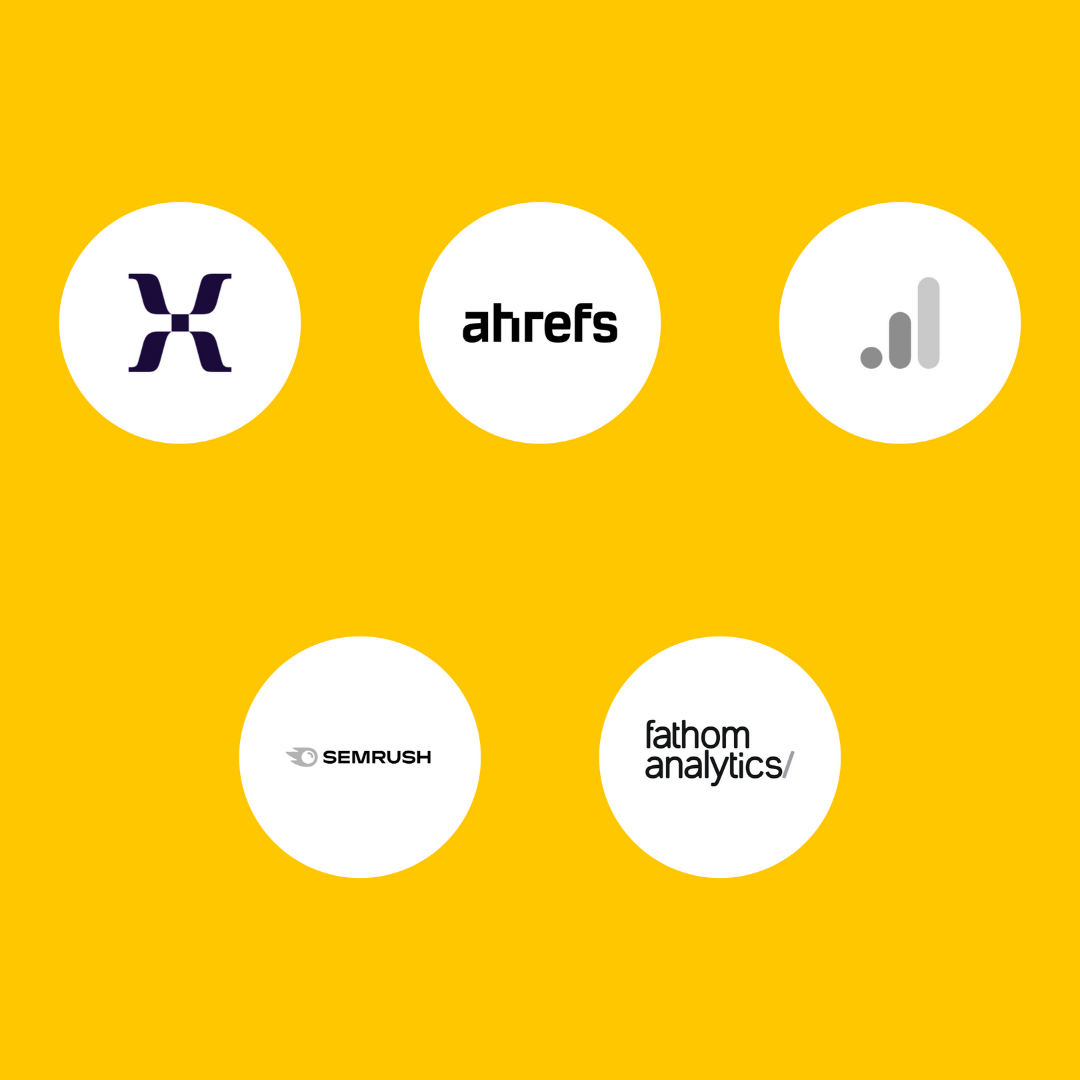 Logos of five digital marketing tools on a yellow background, including X, Ahrefs, Google Analytics, SEMrush, and Fathom Analytics.