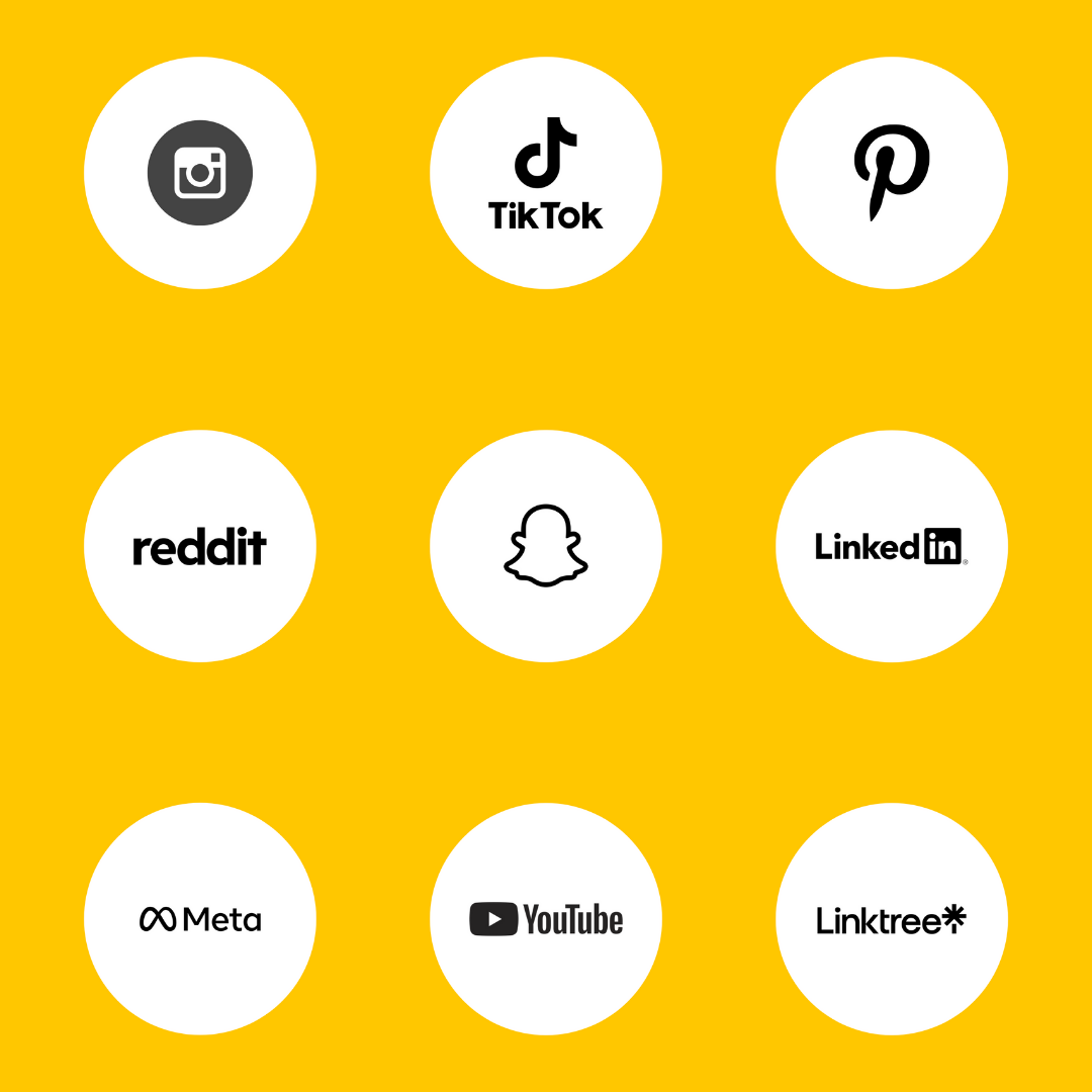 Screenshot of nine social media icons on a yellow background, including Instagram, TikTok, Pinterest, Reddit, Snapchat, LinkedIn, Meta, YouTube, and Linktree.