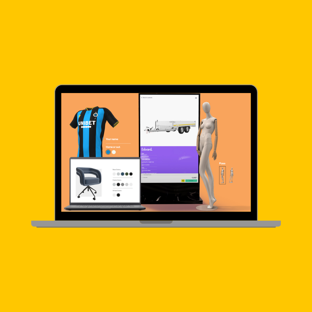 A digital collage of various 3D modeled objects on a laptop screen, including a soccer jersey, a gaming chair, a trailer, a humanoid mannequin, and a pose reference chart, all set against an orange background.