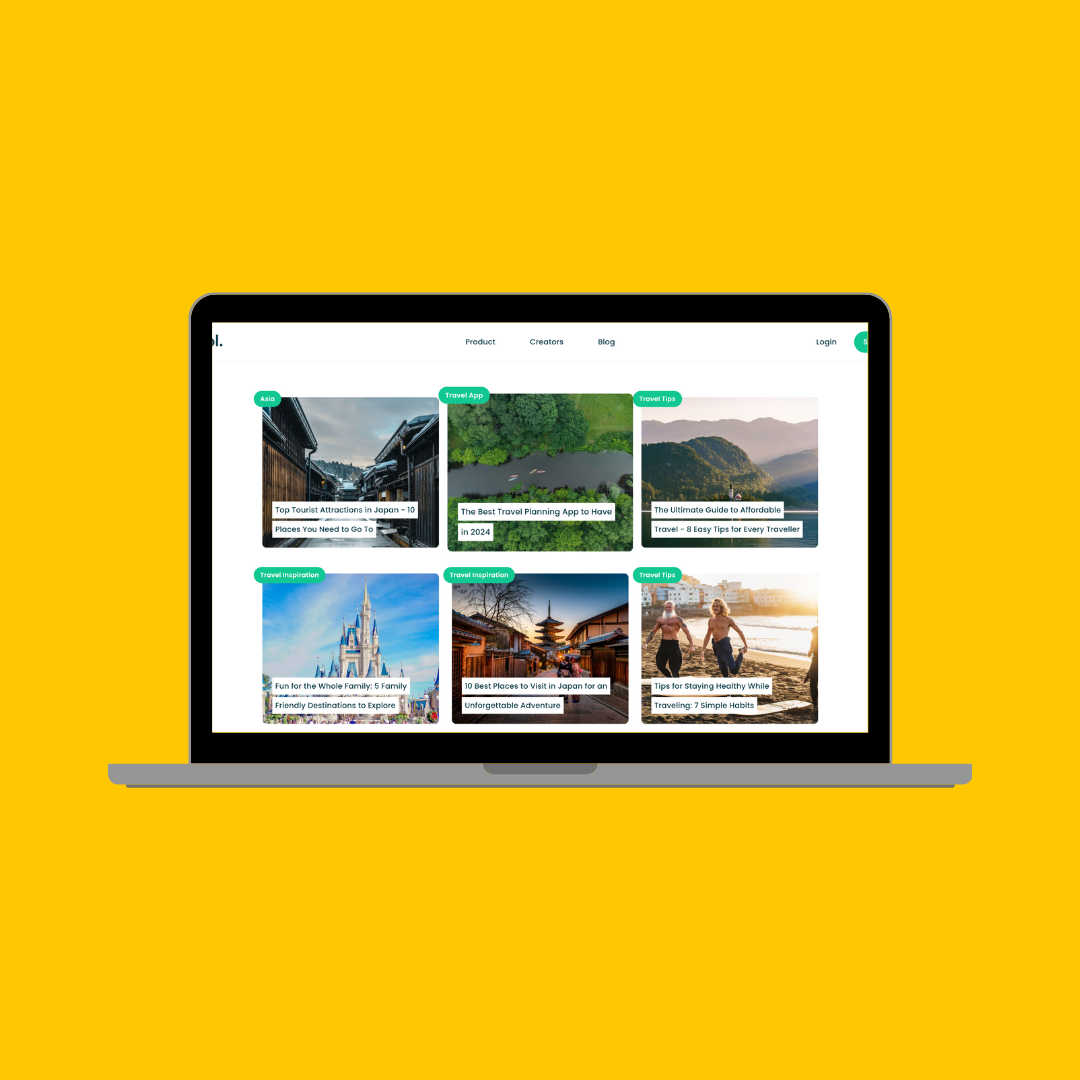 A laptop displaying a travel blog website with various articles and images related to Japan, travel tips, and travel inspiration, set against a bright yellow background.