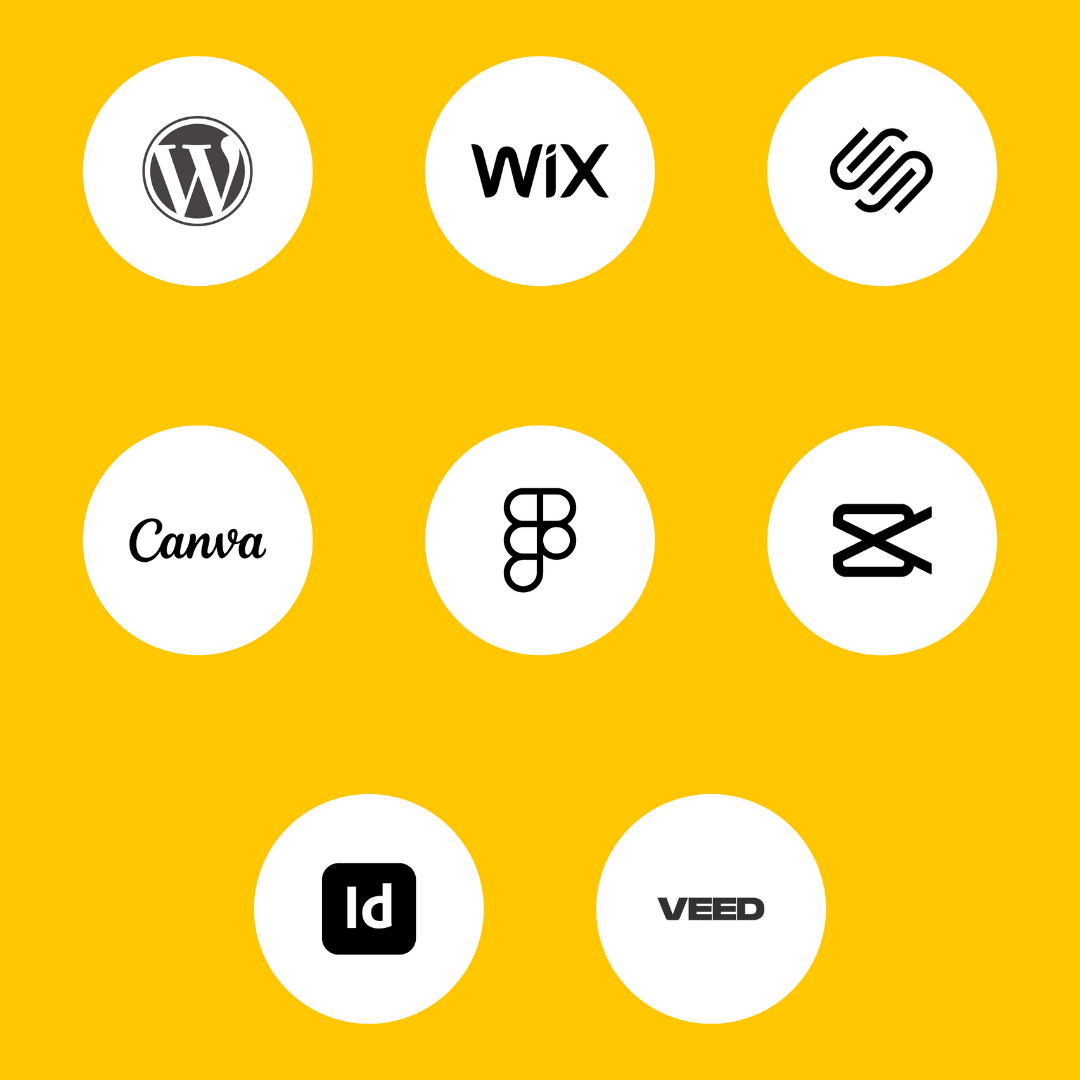 Icons of various website and design tools on a yellow background, including WordPress, Wix, Squarespace, Canva, Figma, Adobe XD, VEED, and another design tool.