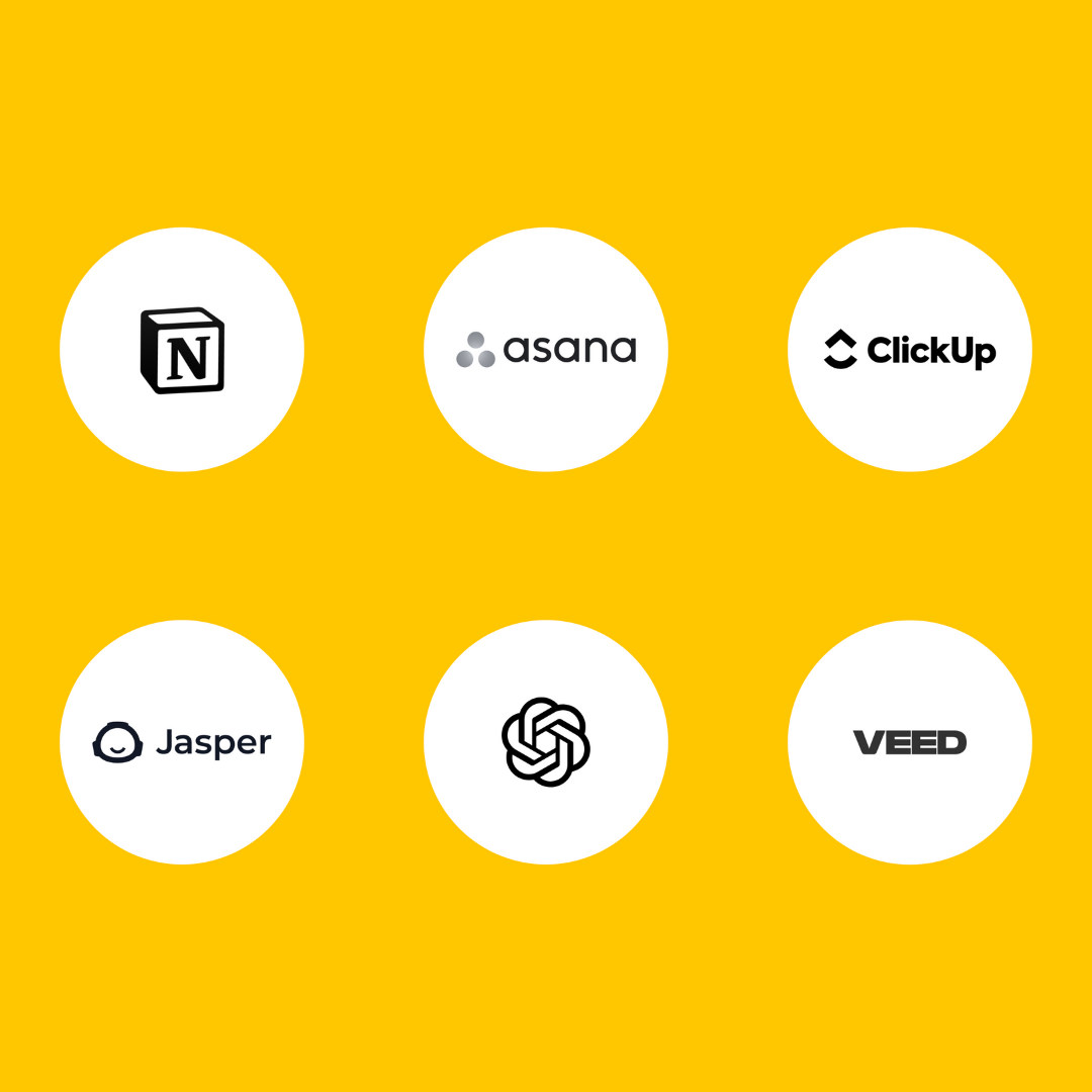 Collection of six logo icons on a yellow background, including Notion, Asana, ClickUp, Jasper, a geometric logo, and VEED.