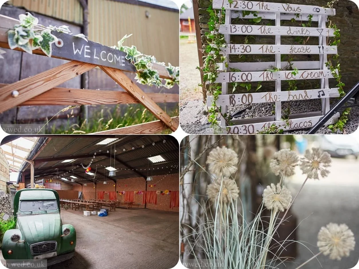 A collage of four images showing a rustic wedding setup: a wooden welcome sign decorated with ivy, a white pallet with handwritten wedding schedule, an outdoor party area with long tables and string lights, and a close-up of white dandelion flowers.