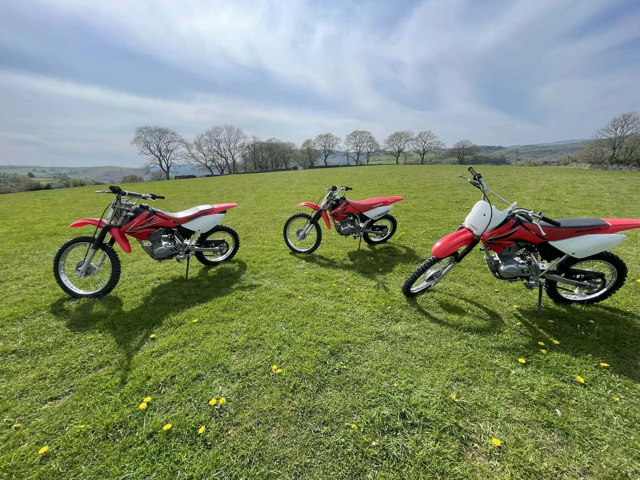 Three red and white dirt bikes parked on a grassy field with trees and hills in the background under a partly cloudy sky.